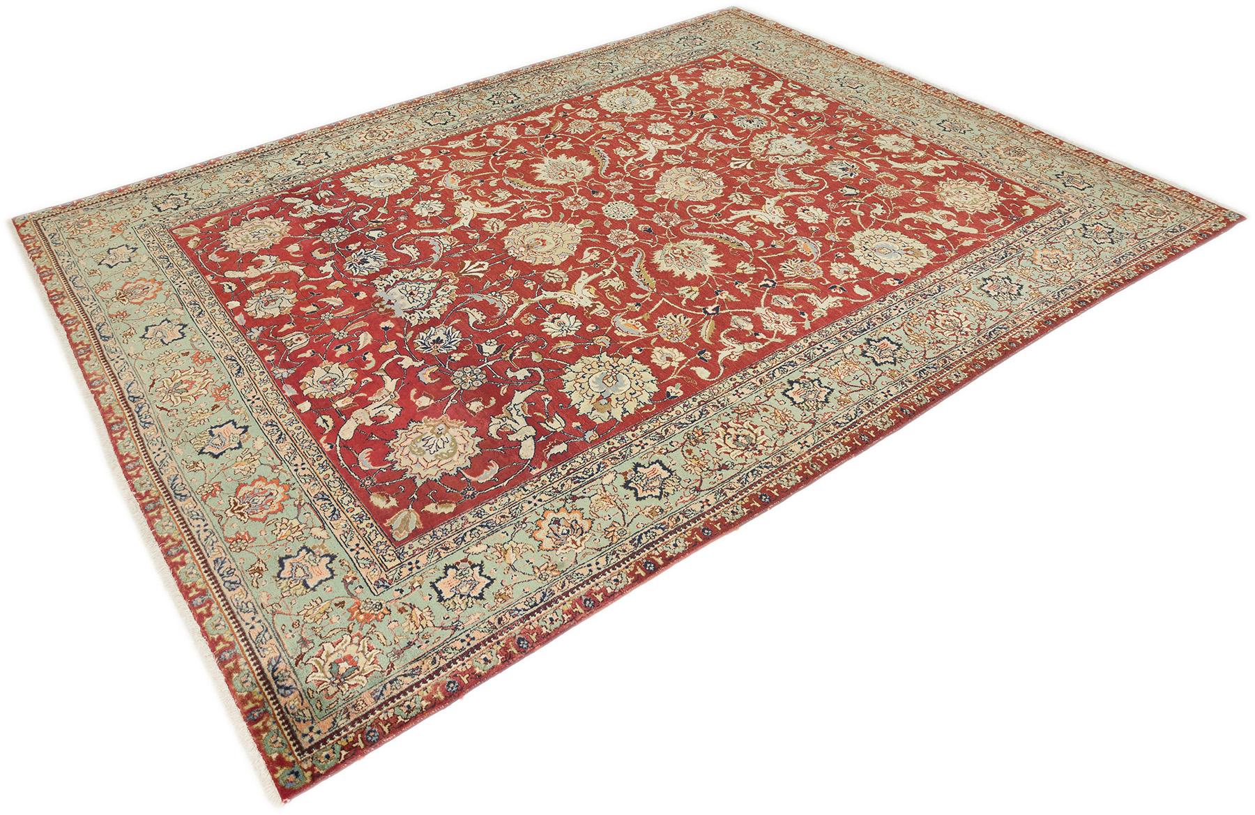 Persischer Tabriz Teppich, handgeknüpft, 12.1x9.3 ft - Rot, Weiches Grün & Elfenbein (Handgeknüpft) im Angebot