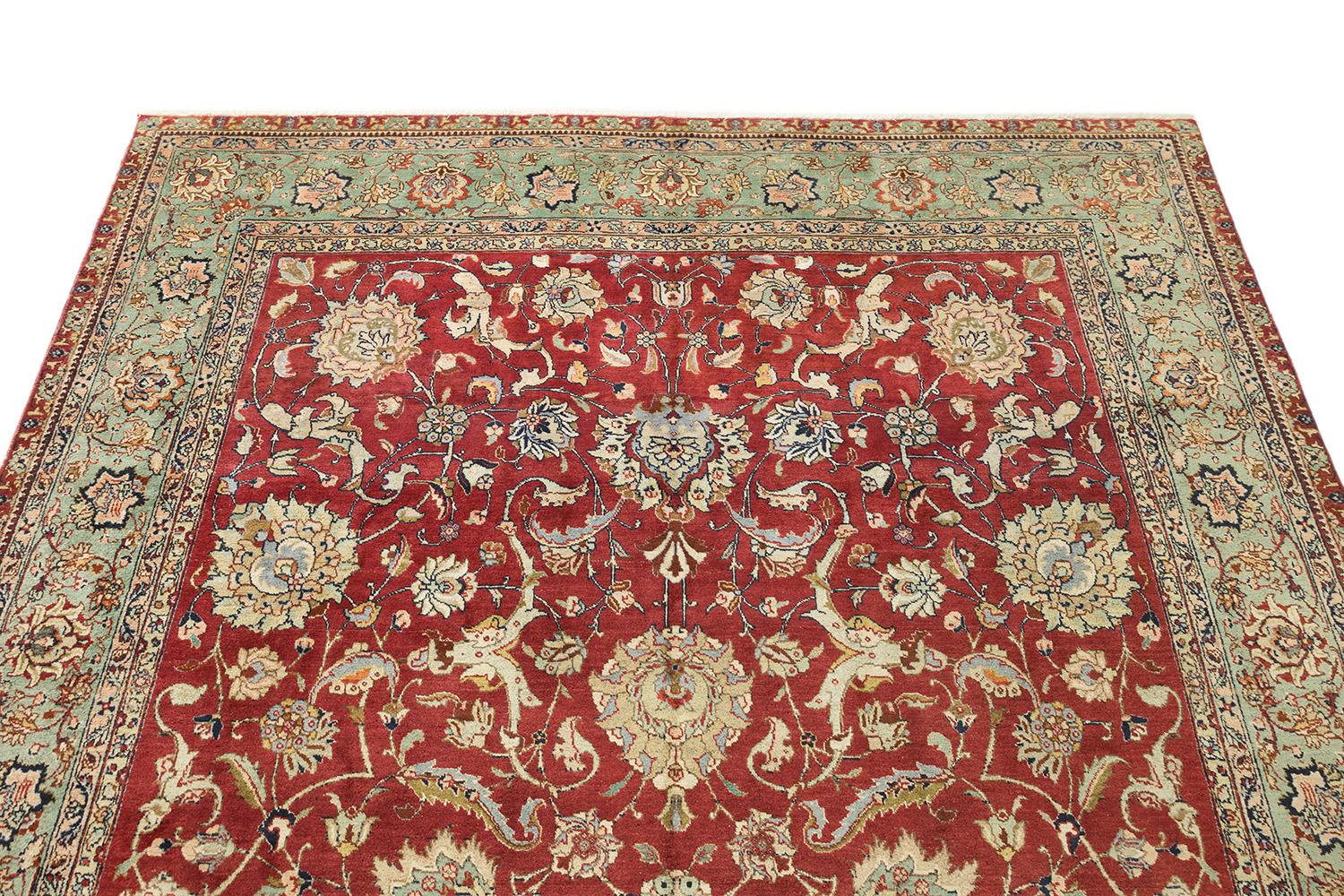 Persischer Tabriz Teppich, handgeknüpft, 12.1x9.3 ft - Rot, Weiches Grün & Elfenbein im Zustand „Hervorragend“ im Angebot in North Bergen, NJ