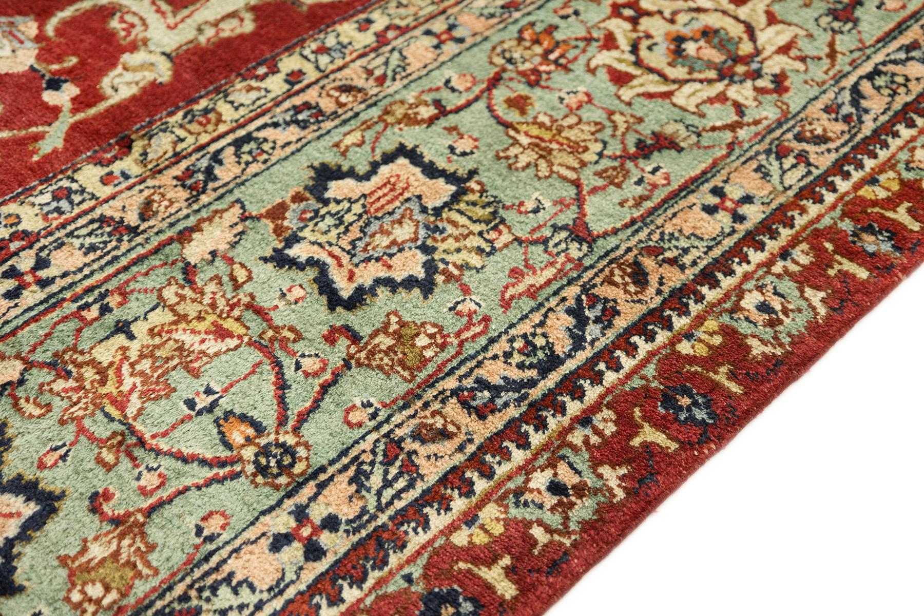 Persischer Tabriz Teppich, handgeknüpft, 12.1x9.3 ft - Rot, Weiches Grün & Elfenbein (Wolle) im Angebot