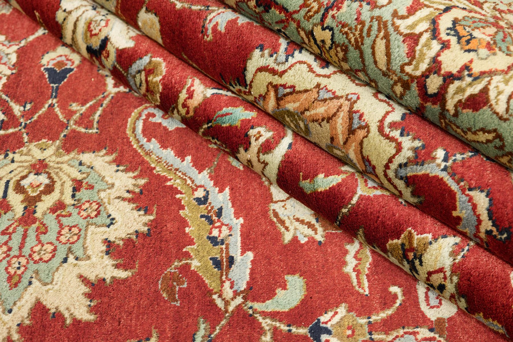 Persischer Tabriz Teppich, handgeknüpft, 12.1x9.3 ft - Rot, Weiches Grün & Elfenbein im Angebot 1