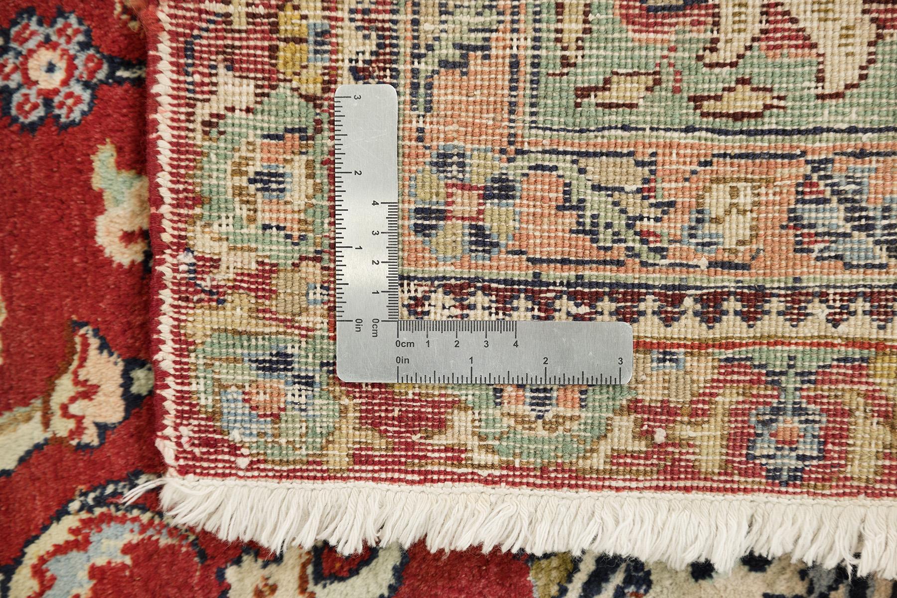 Persischer Tabriz Teppich, handgeknüpft, 12.1x9.3 ft - Rot, Weiches Grün & Elfenbein im Angebot 2