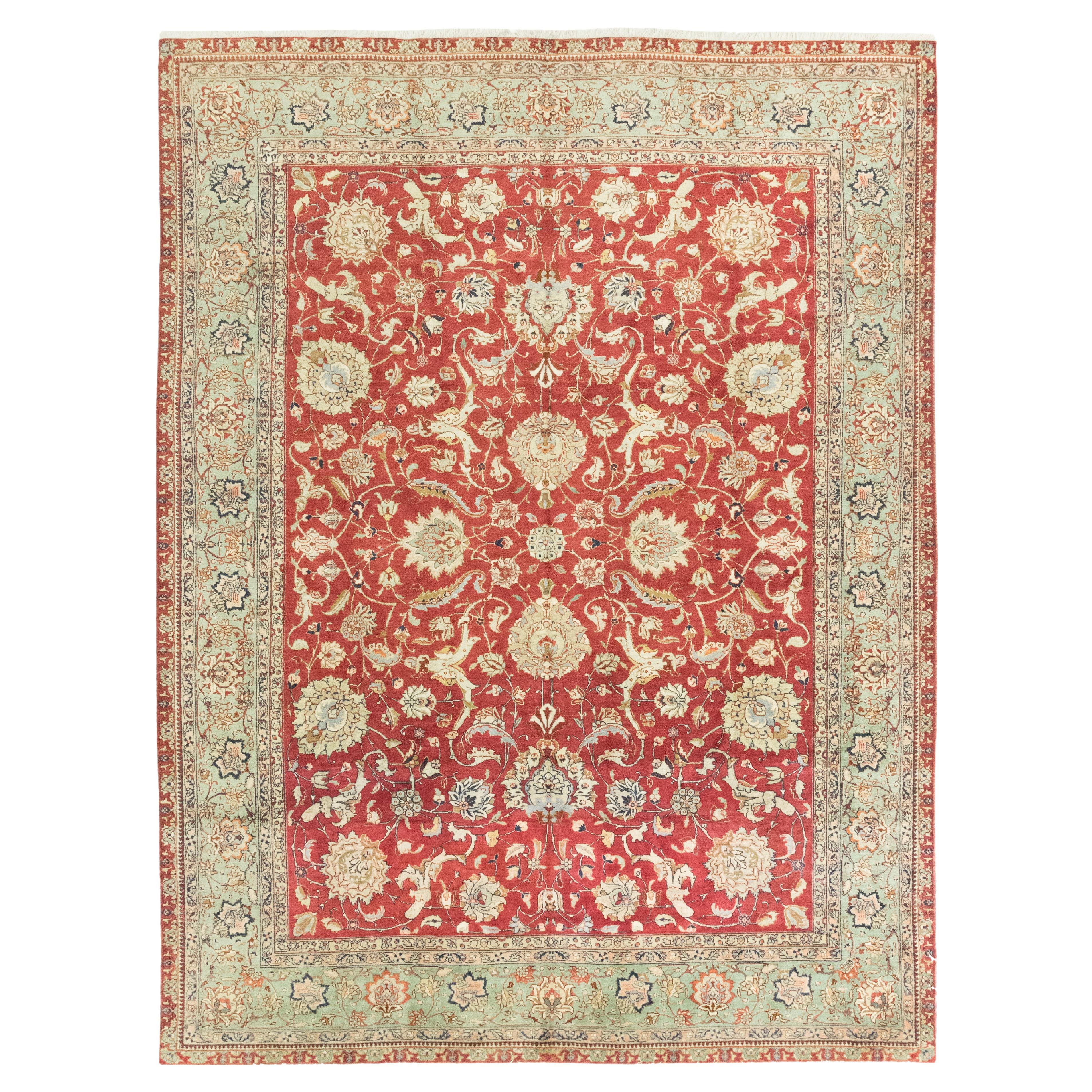 Persischer Tabriz Teppich, handgeknüpft, 12.1x9.3 ft - Rot, Weiches Grün & Elfenbein im Angebot