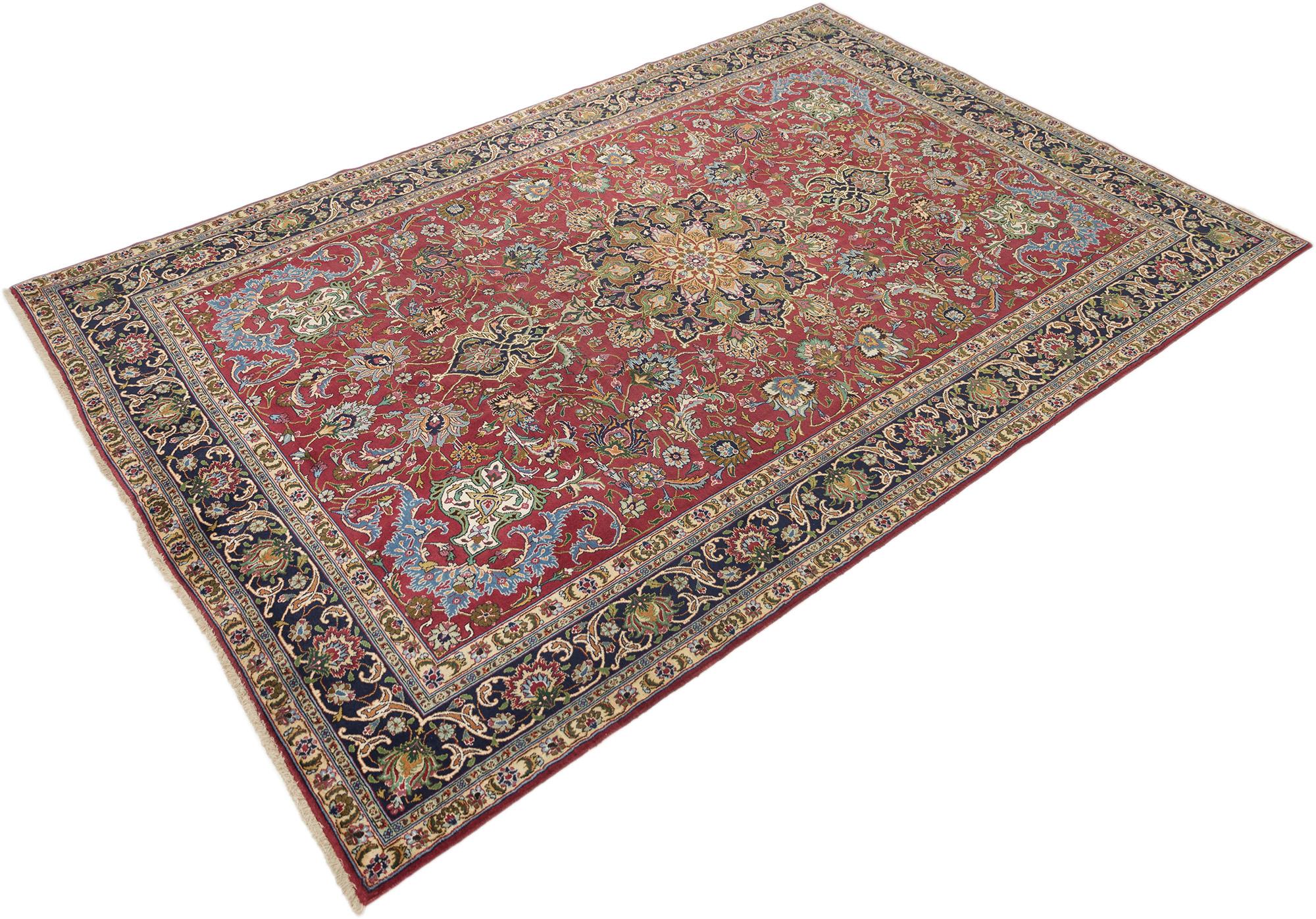 Persiano Tappeto persiano Tabriz, annodato a mano, 9,8 × 6,5 piedi - rosso, blu e avorio in vendita