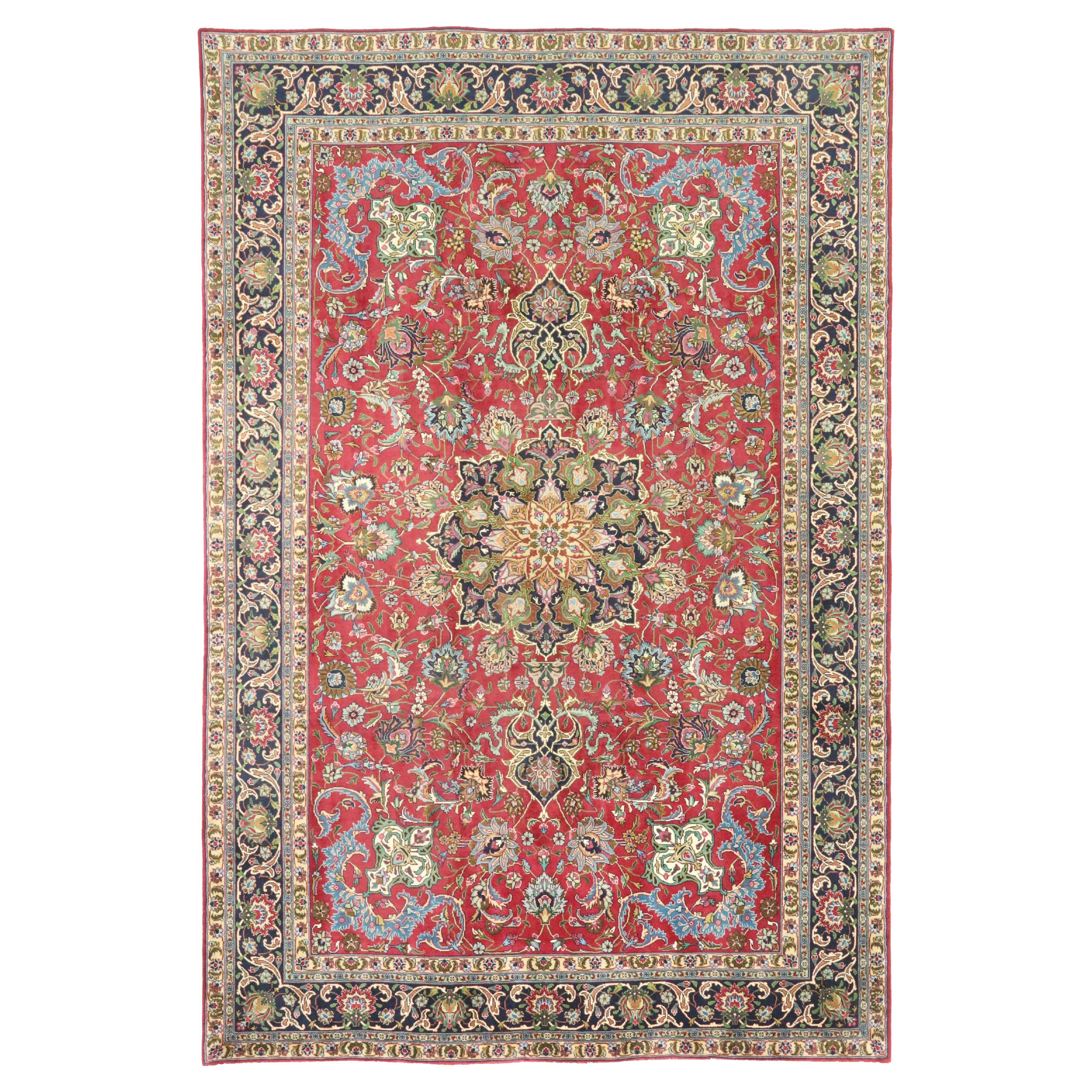 Persian Tabriz Rug, Hand Knotted, 9.8 × 6.5 ft – Red, Navy and Ivory