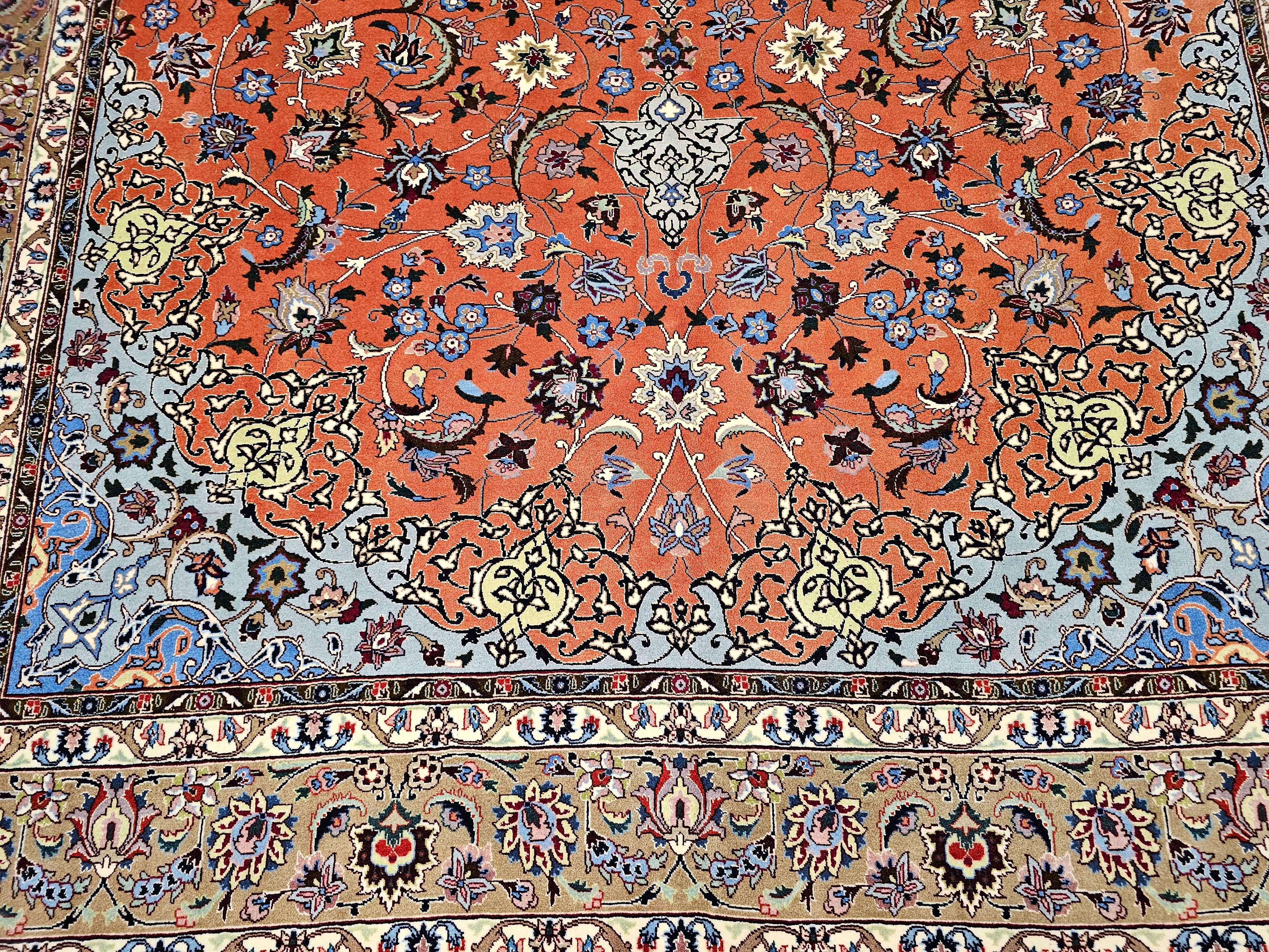 20ième siècle Tapis persan Tabriz à motif floral en terre cuite, caramel, bleu persan en vente