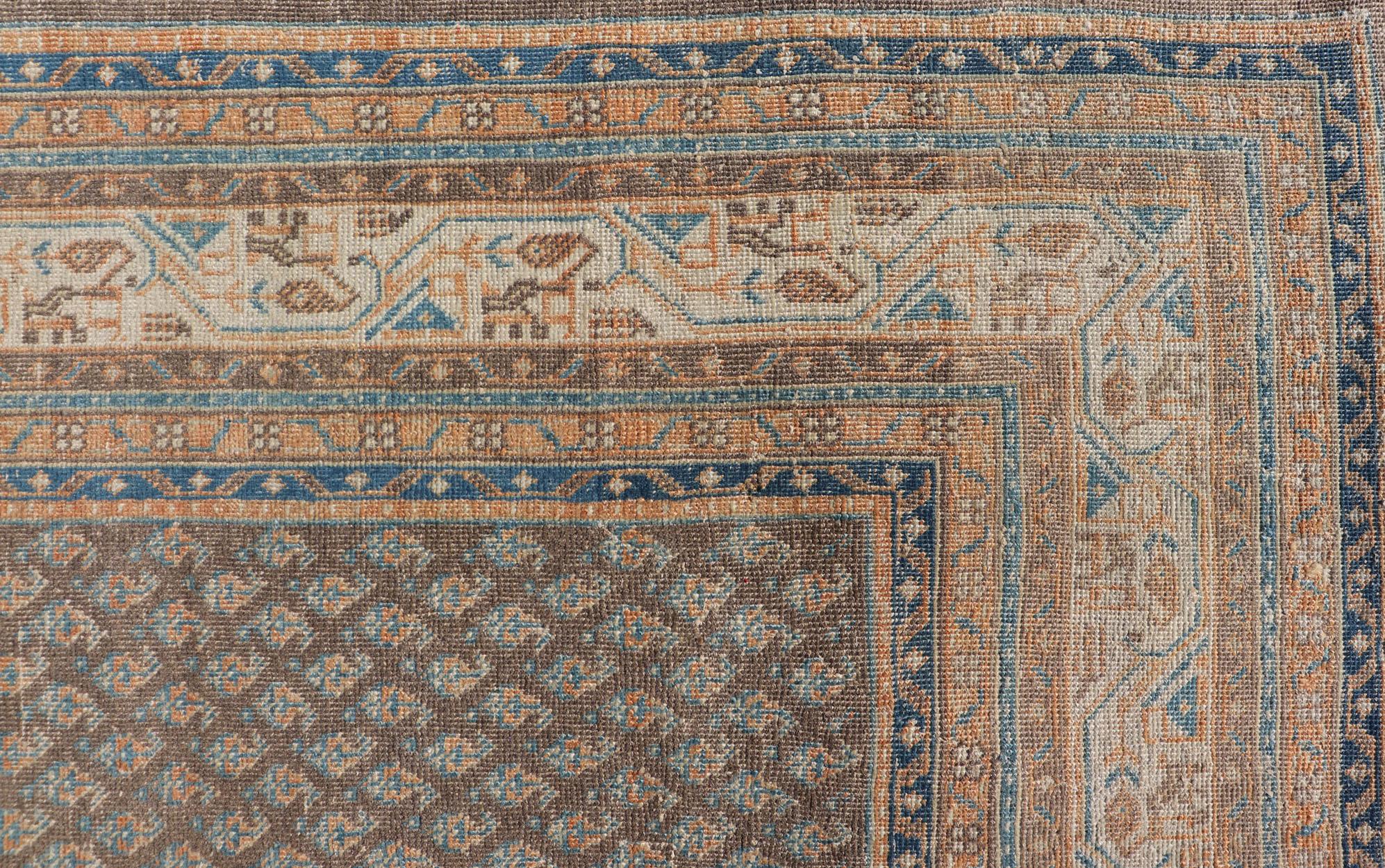 Hand-Knotted Persian Tabriz Rug with All-Over Saraband Design in Brown and Blue