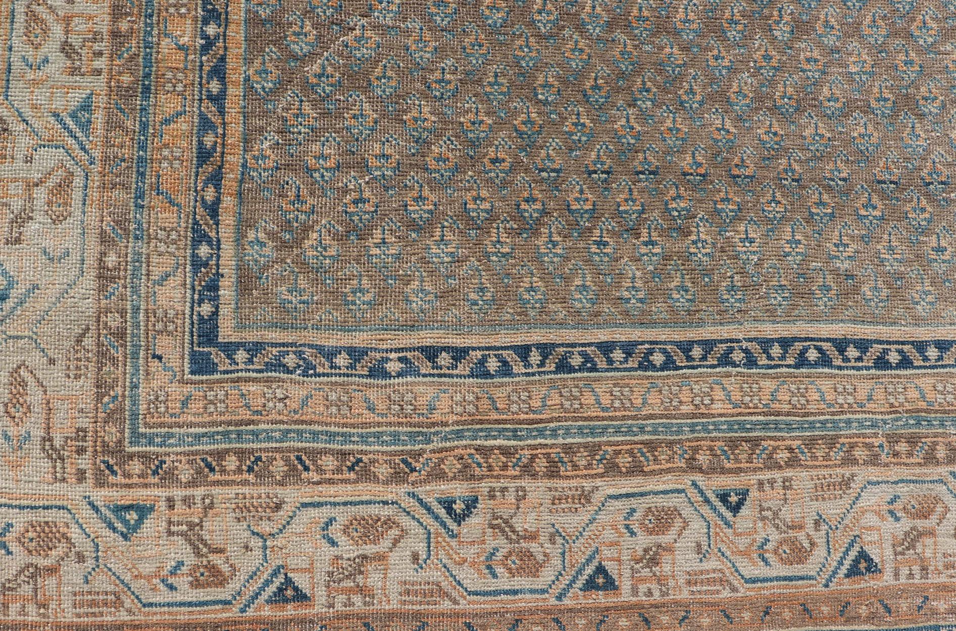 Mid-20th Century Persian Tabriz Rug with All-Over Saraband Design in Brown and Blue