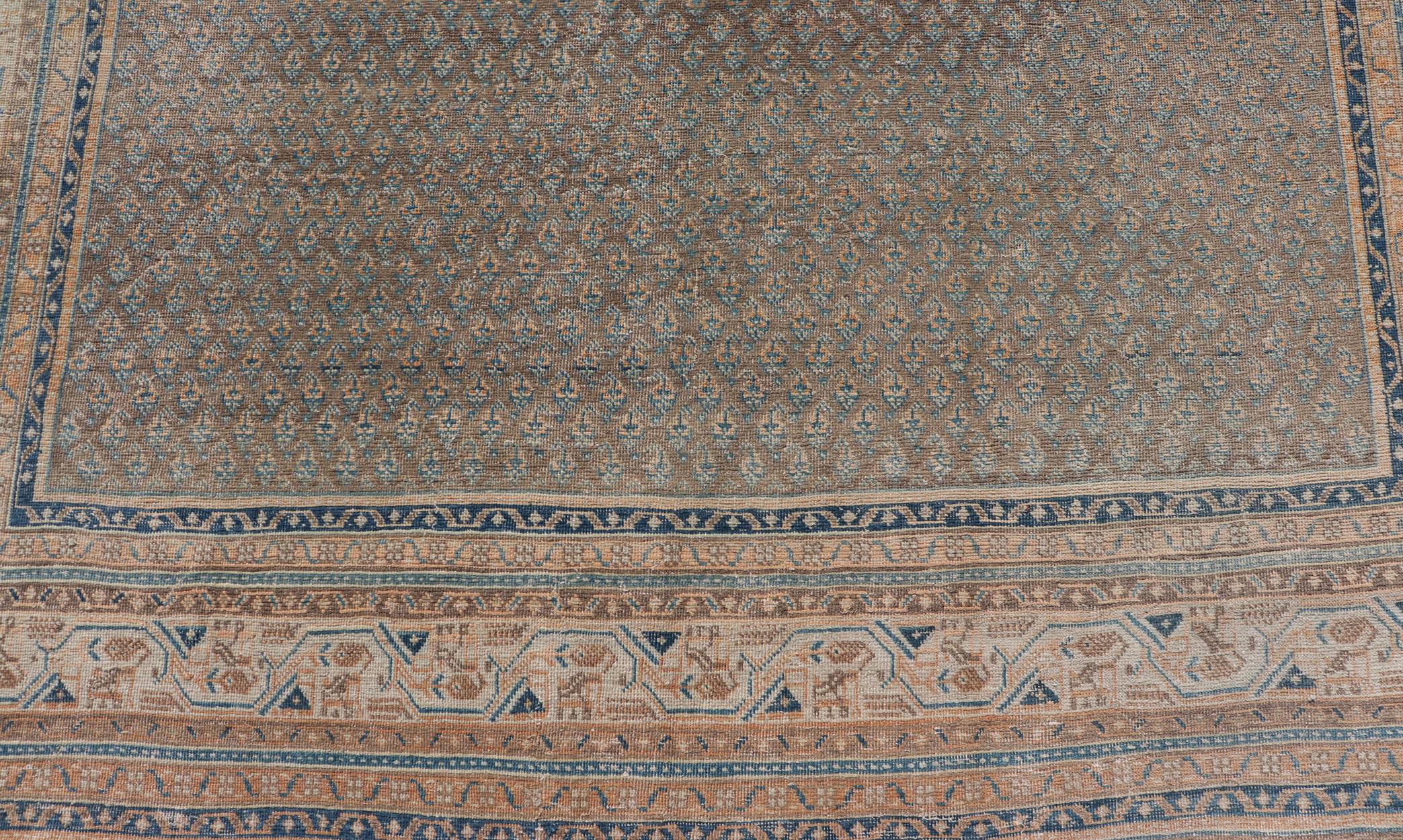Wool Persian Tabriz Rug with All-Over Saraband Design in Brown and Blue