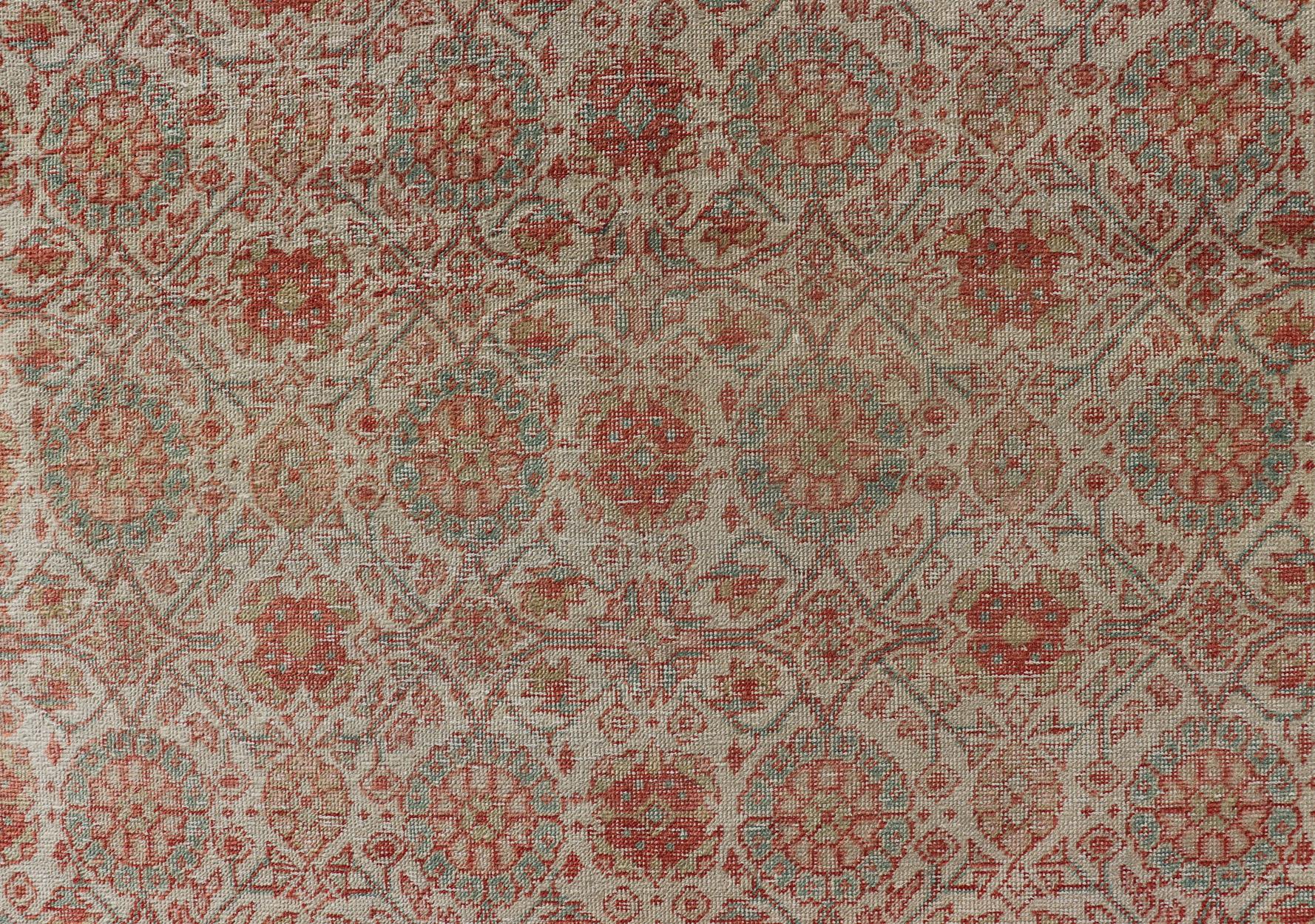 Persian Tabriz Rug with Boteh Design in Cream, Coral, Light Green/ Blue For Sale 4