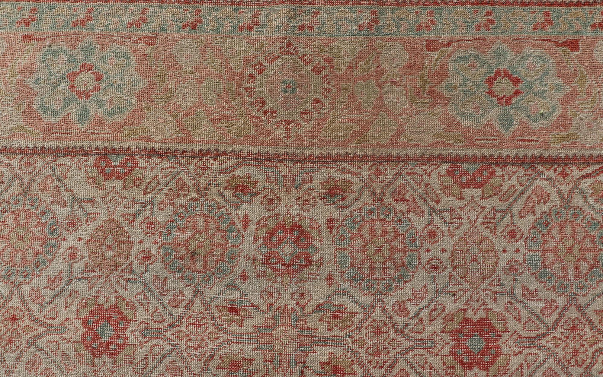 Persian Tabriz Rug with Boteh Design in Cream, Coral, Light Green/ Blue For Sale 5