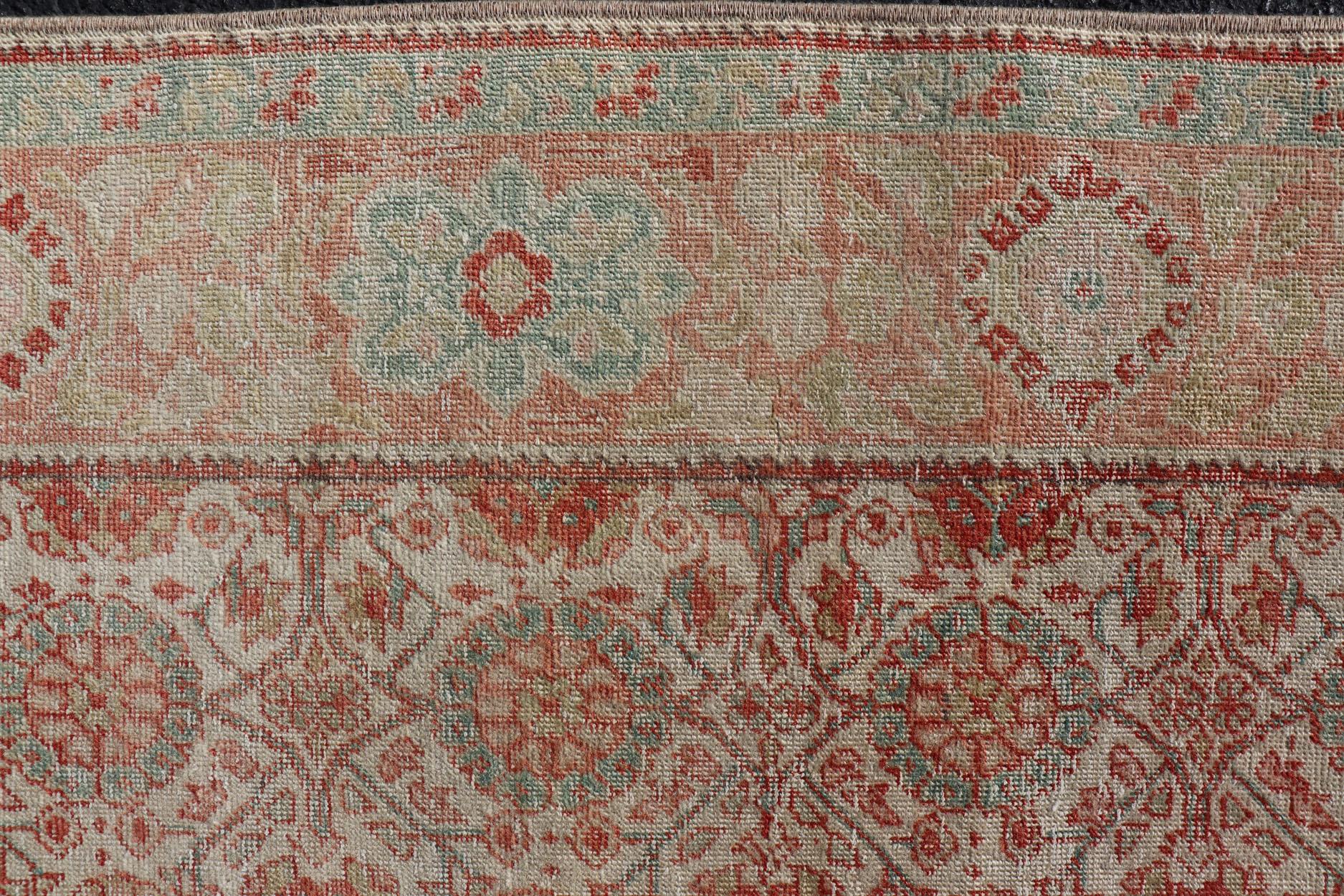 Persian Tabriz Rug with Boteh Design in Cream, Coral, Light Green/ Blue For Sale 6