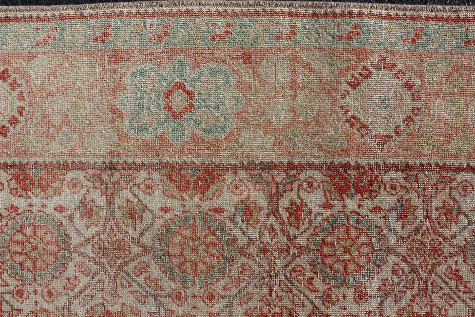 Tapis persan de Tabriz avec motif Boteh en crème, corail, vert clair/bleu clair en vente 5