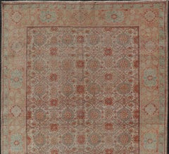 Persian Tabriz Rug with Boteh Design in Cream, Coral, Light Green/ Blue