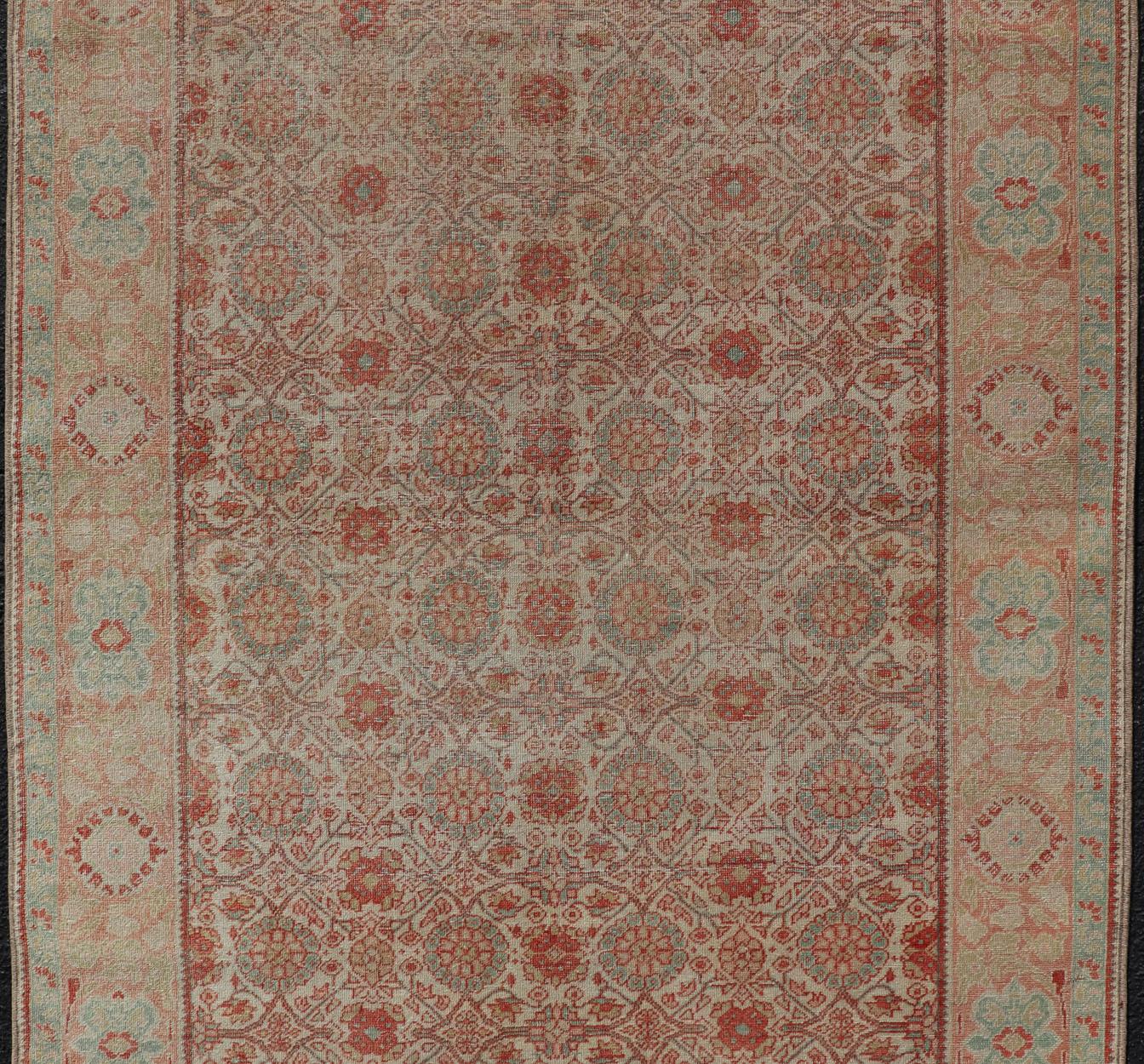 Hand-Knotted Persian Tabriz Rug with Boteh Design in Cream, Coral, Light Green/ Blue For Sale