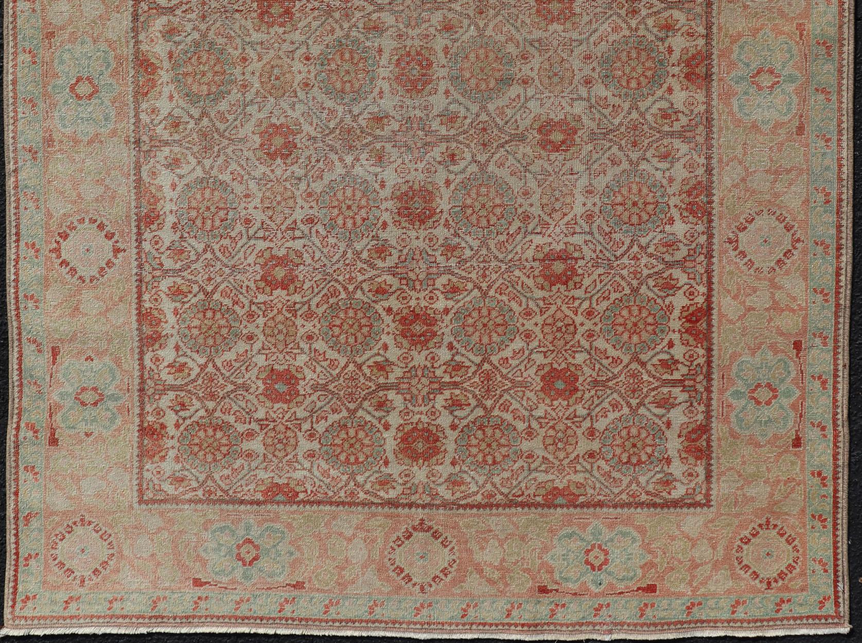 Persian Tabriz Rug with Boteh Design in Cream, Coral, Light Green/ Blue In Good Condition For Sale In Atlanta, GA