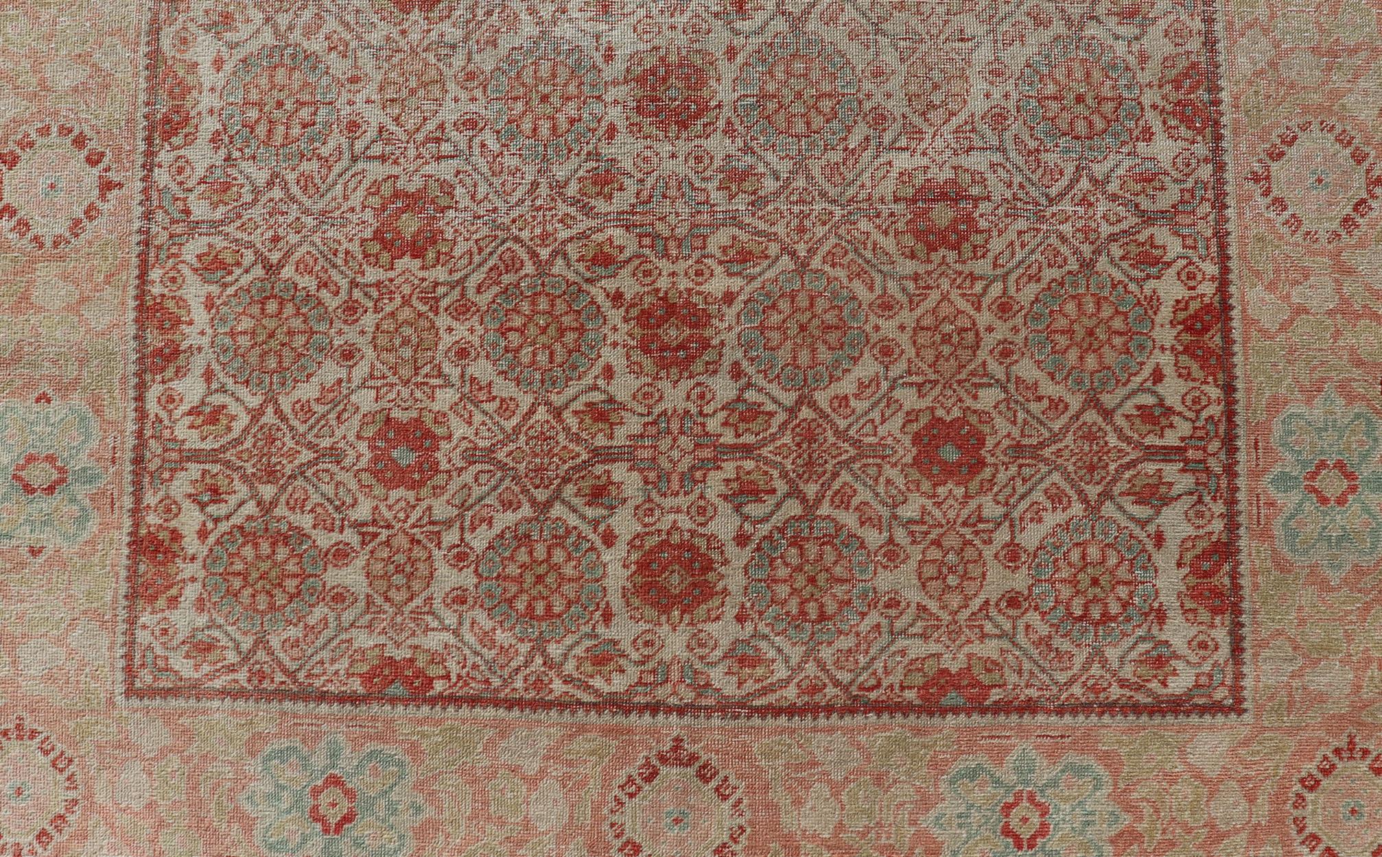 20th Century Persian Tabriz Rug with Boteh Design in Cream, Coral, Light Green/ Blue For Sale