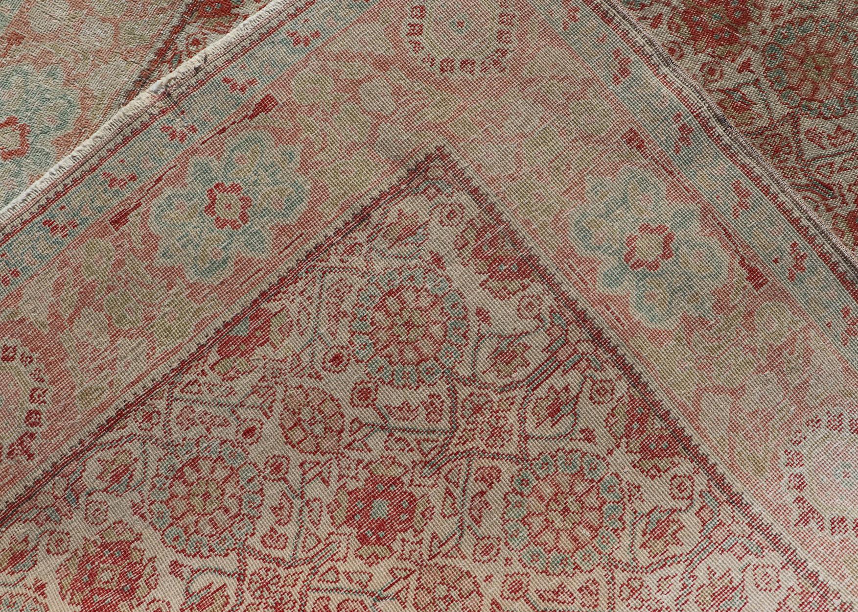 Wool Persian Tabriz Rug with Boteh Design in Cream, Coral, Light Green/ Blue For Sale