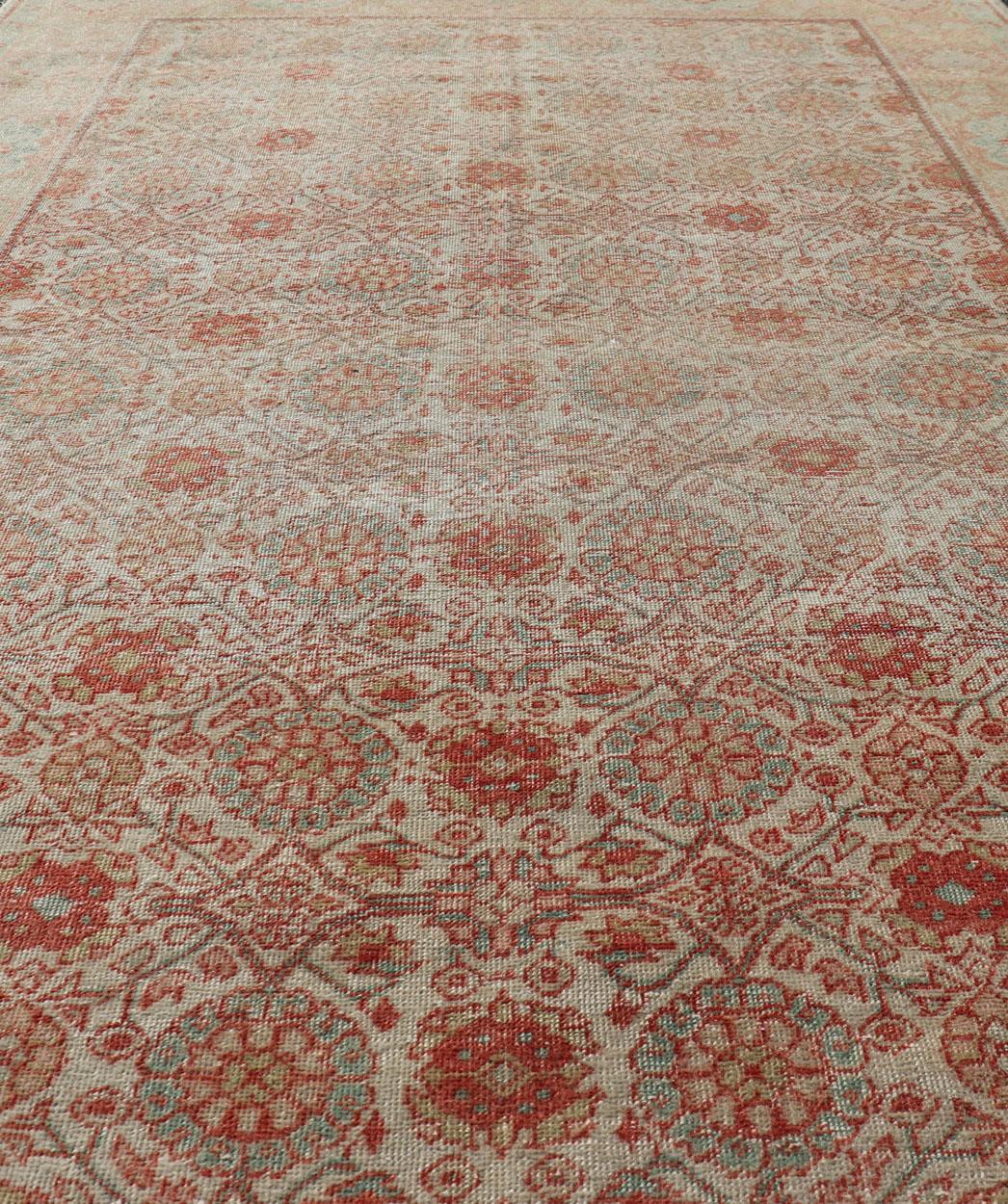 Persian Tabriz Rug with Boteh Design in Cream, Coral, Light Green/ Blue For Sale 3