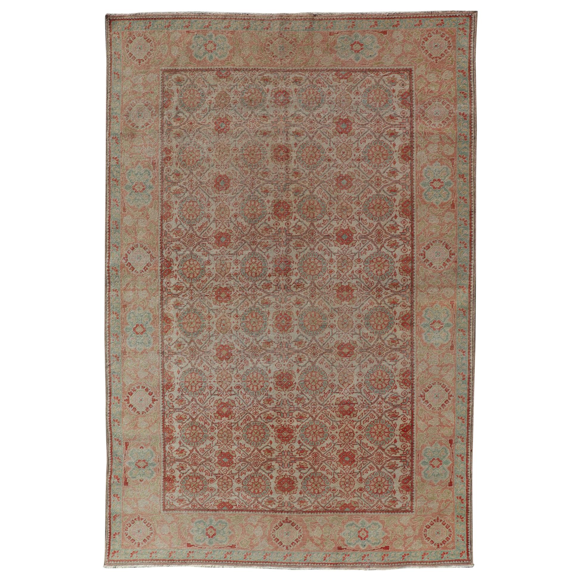 Persian Tabriz Rug with Boteh Design in Cream, Coral, Light Green/ Blue