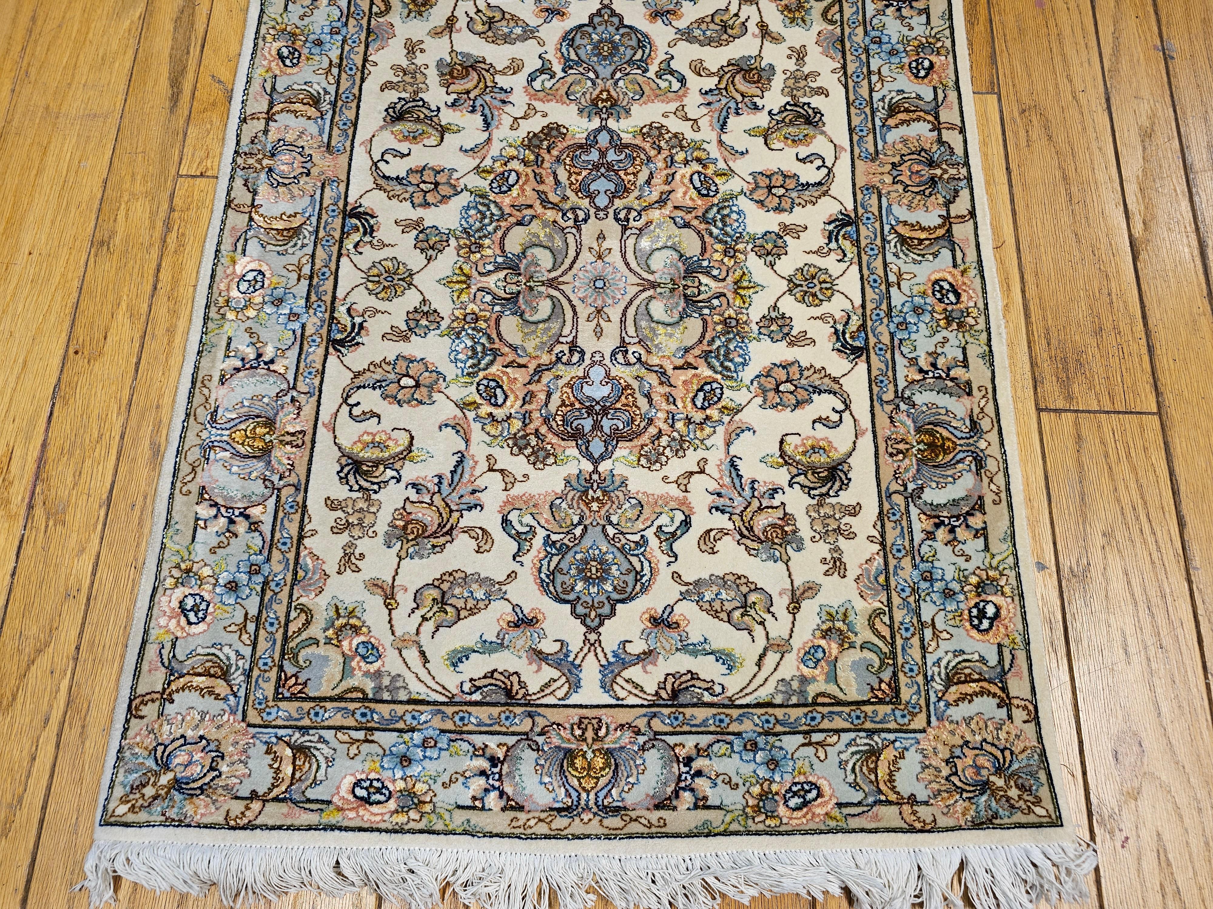 Persian Tabriz Runner in Medallion Floral Pattern in Ivory, Pale Blue, and Sage For Sale 4