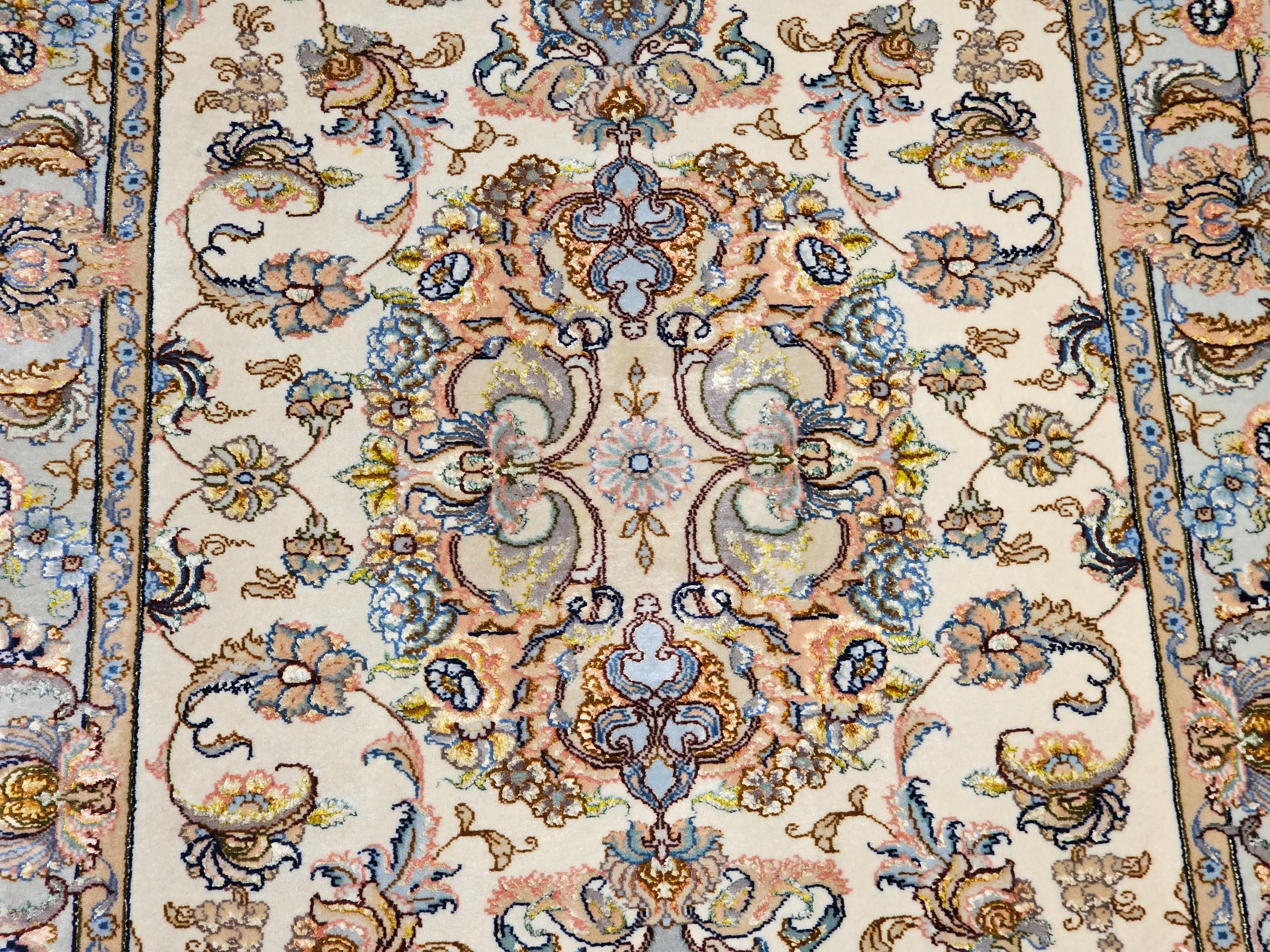 Persian Tabriz Runner in Medallion Floral Pattern in Ivory, Pale Blue, and Sage For Sale 6