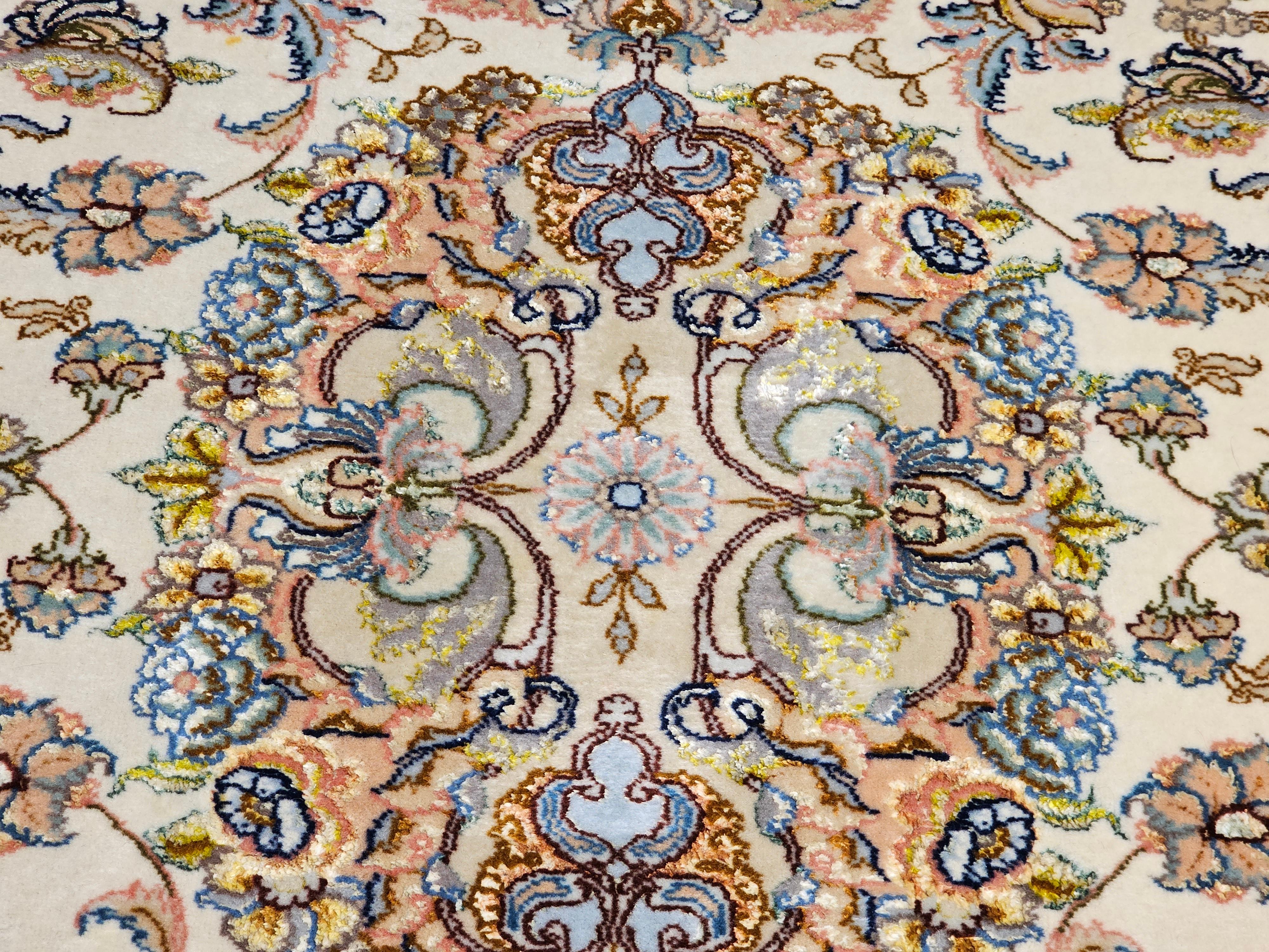 Persian Tabriz Runner in Medallion Floral Pattern in Ivory, Pale Blue, and Sage For Sale 7