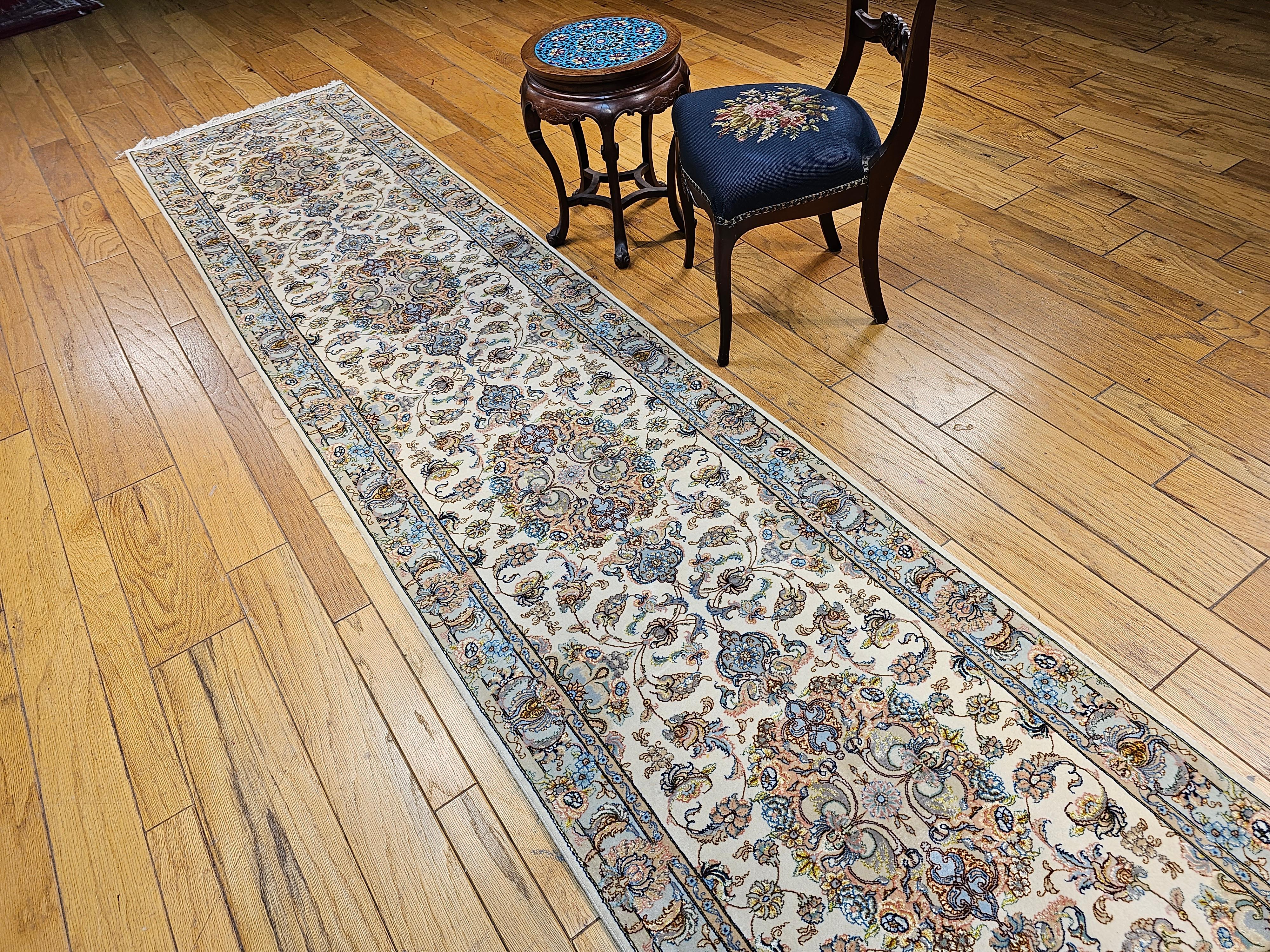 Persian Tabriz Runner in Medallion Floral Pattern in Ivory, Pale Blue, and Sage For Sale 8