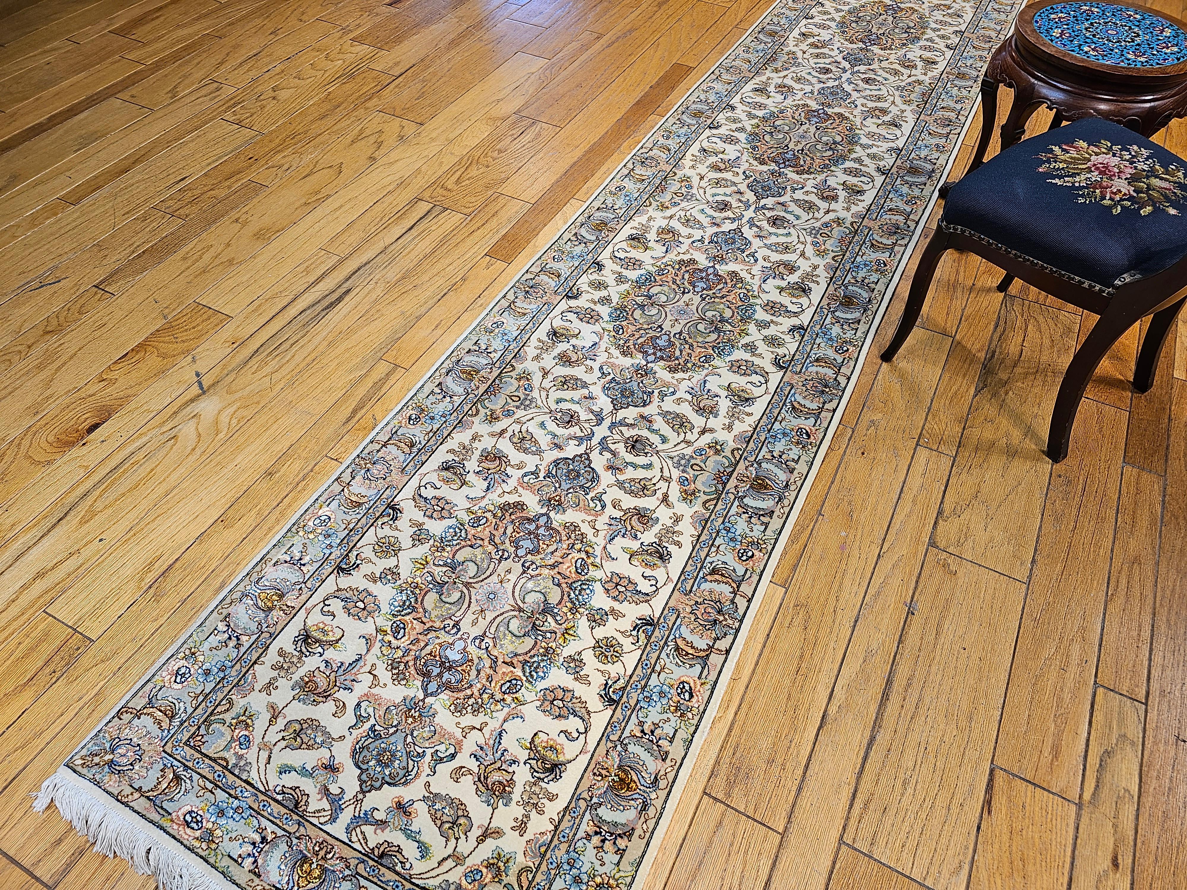 Persian Tabriz Runner in Medallion Floral Pattern in Ivory, Pale Blue, and Sage For Sale 9