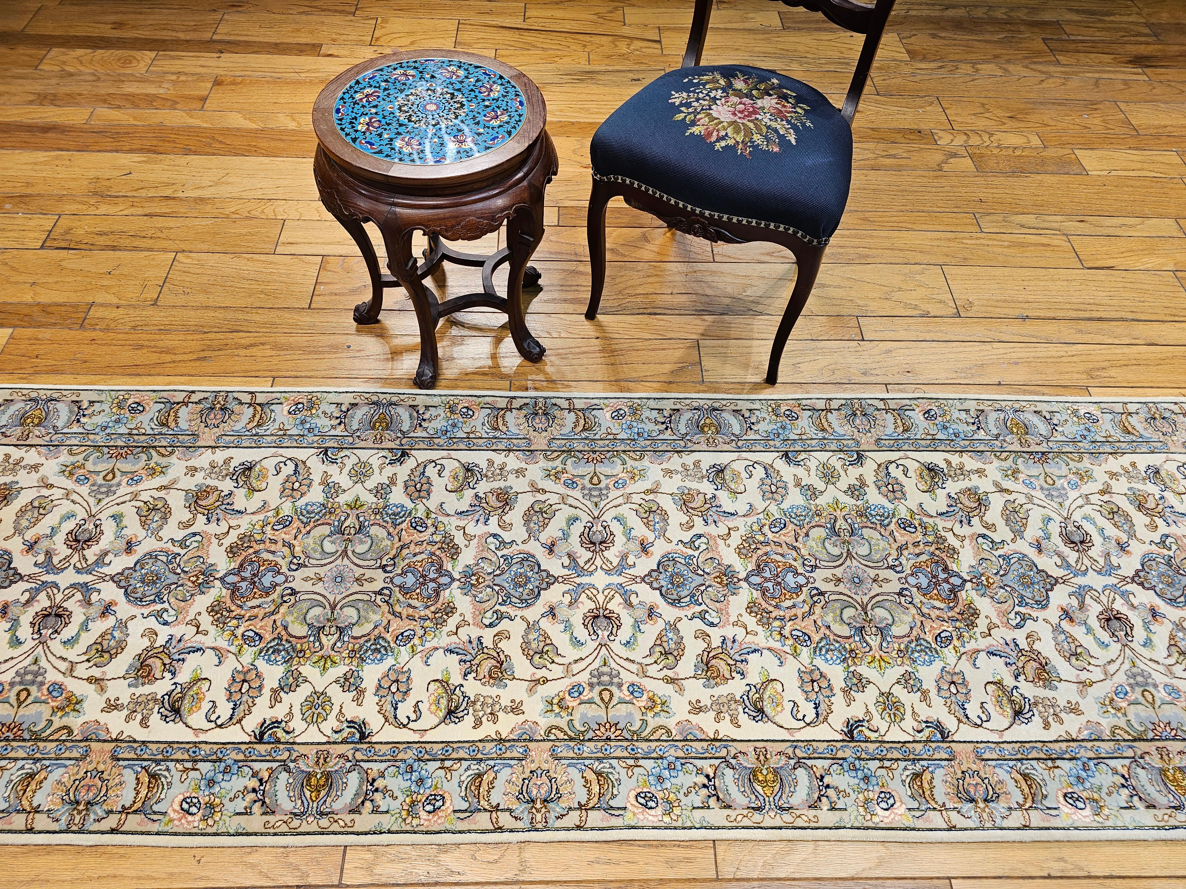 Persian Tabriz Runner in Medallion Floral Pattern in Ivory, Pale Blue, and Sage For Sale 10