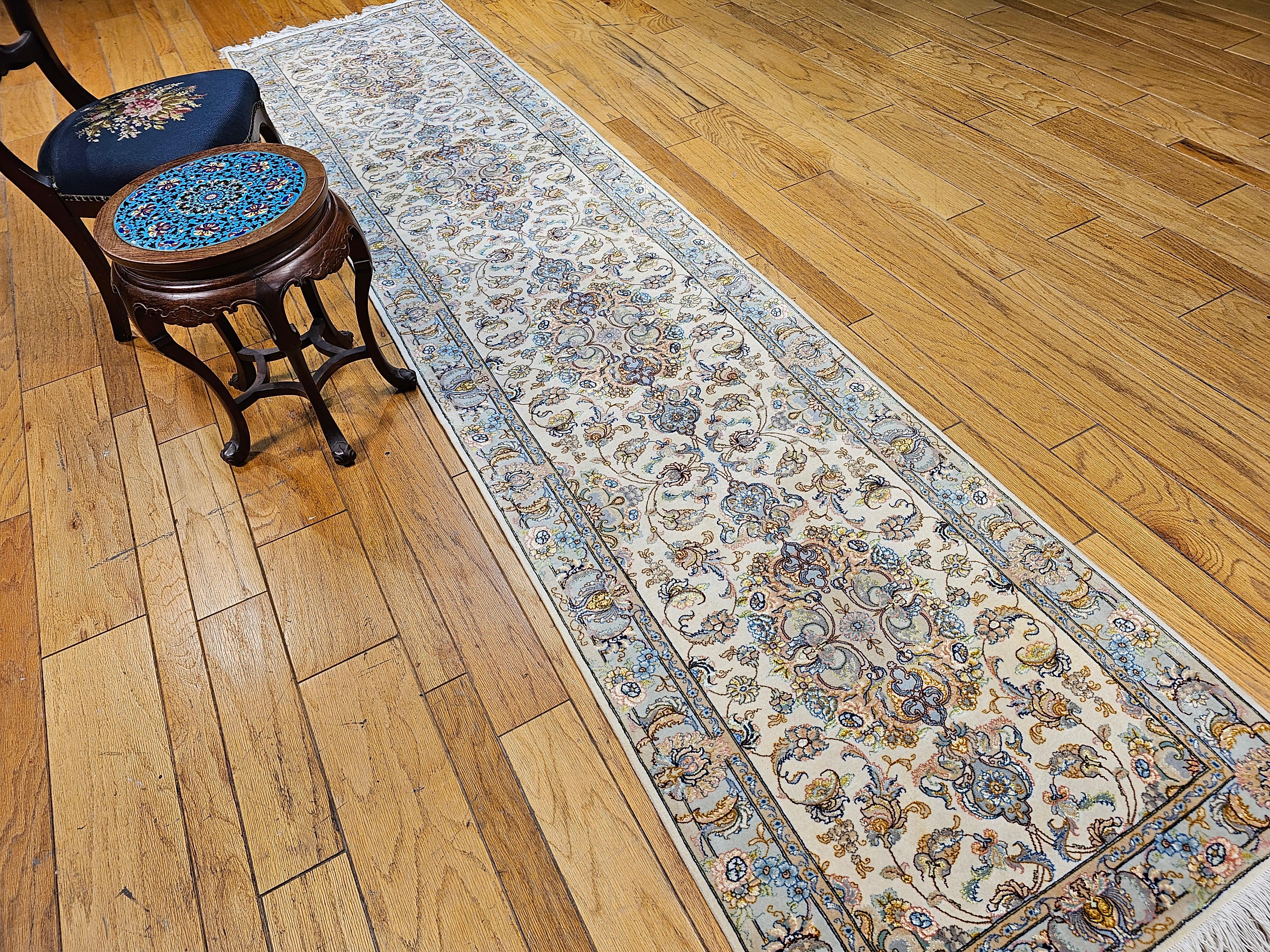 Persian Tabriz Runner in Medallion Floral Pattern in Ivory, Pale Blue, and Sage For Sale 11