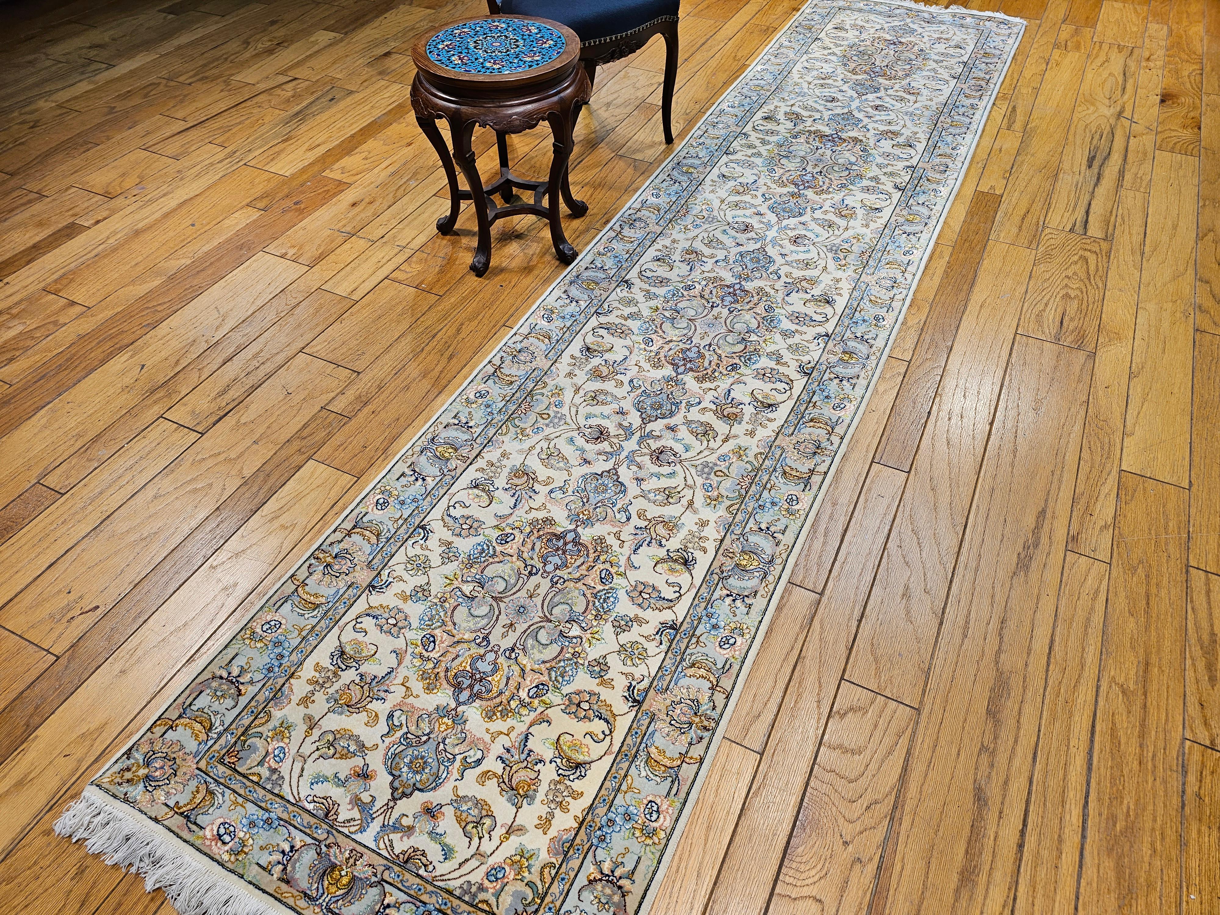 Persian Tabriz Runner in Medallion Floral Pattern in Ivory, Pale Blue, and Sage For Sale 12