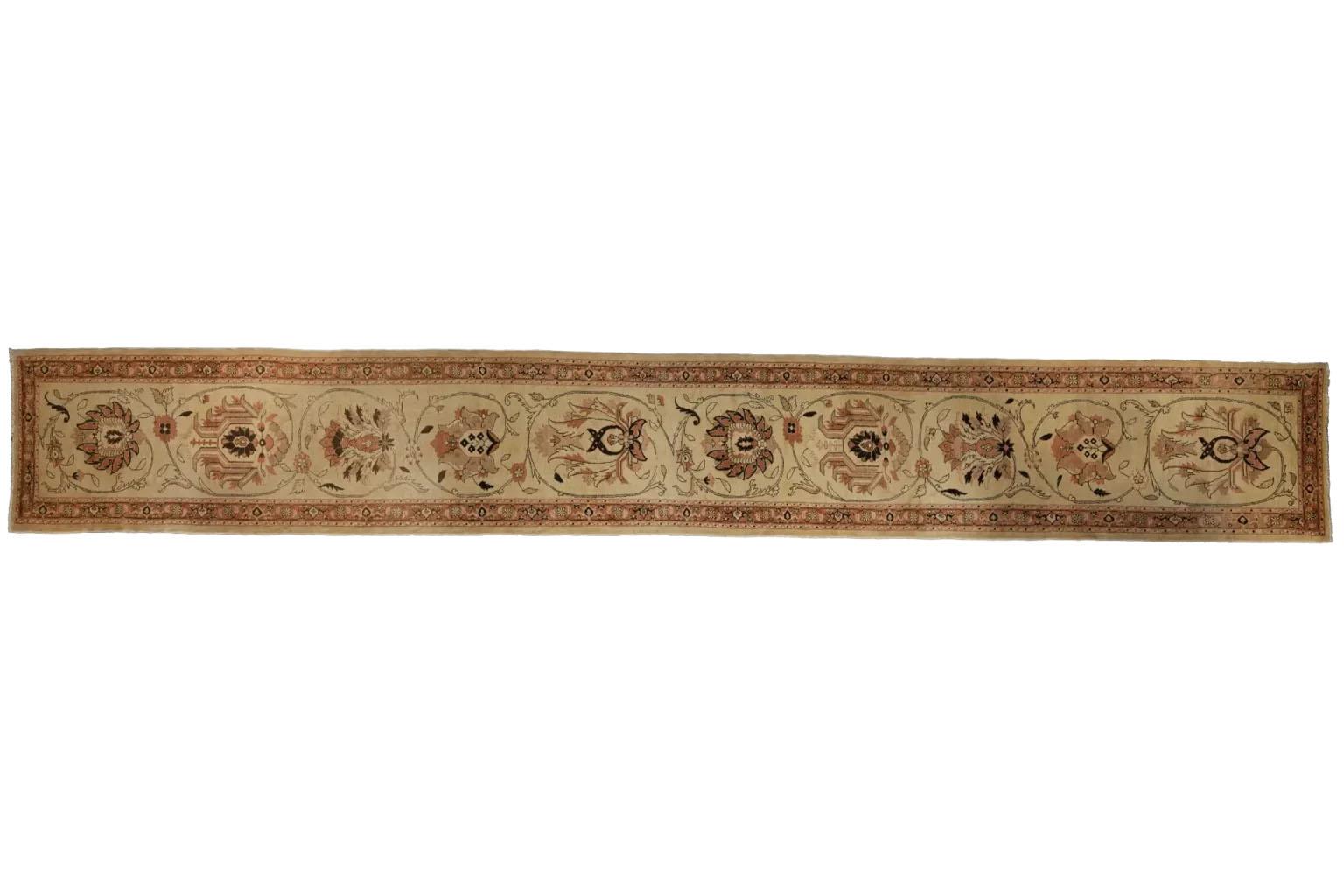 Hand-Woven Persian Tabriz Runner Rug Circa 1910 - Brown Ivory Pink For Sale