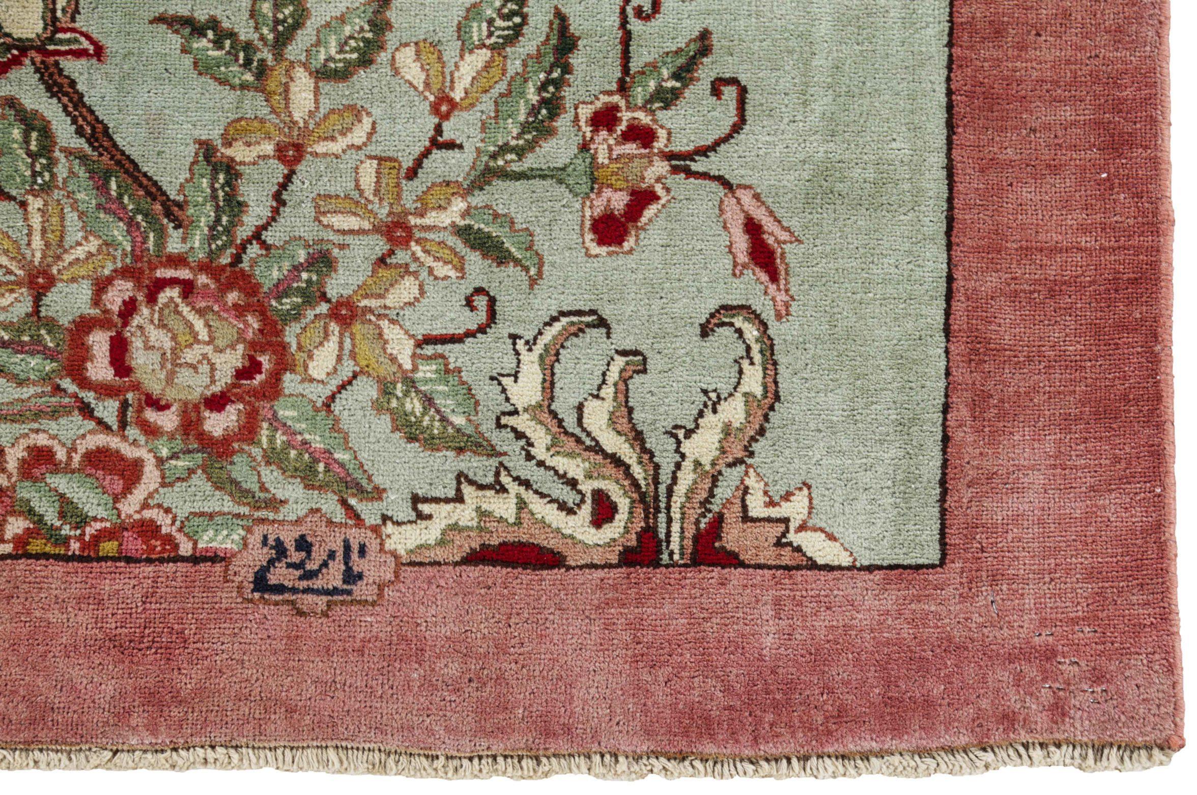 Persischer Täbris-Läufer Circa 1940 - Wolle Grün Elfenbein Rot Design - 91218 (20. Jahrhundert) im Angebot
