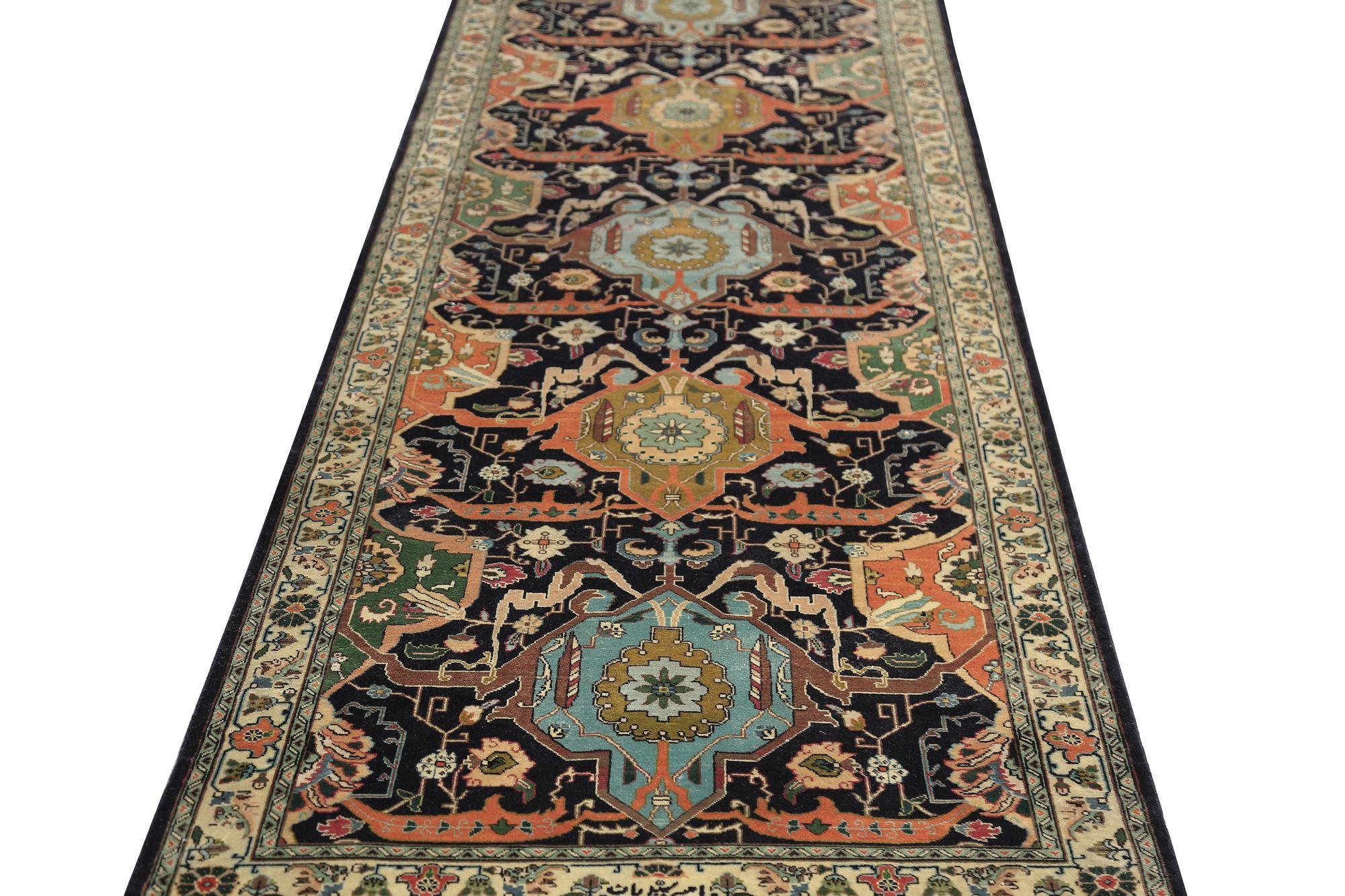 Iracheno Tappeto Persiano Tabriz Runner - Lana Nero Verde Arancione Rosso - 96881 in vendita