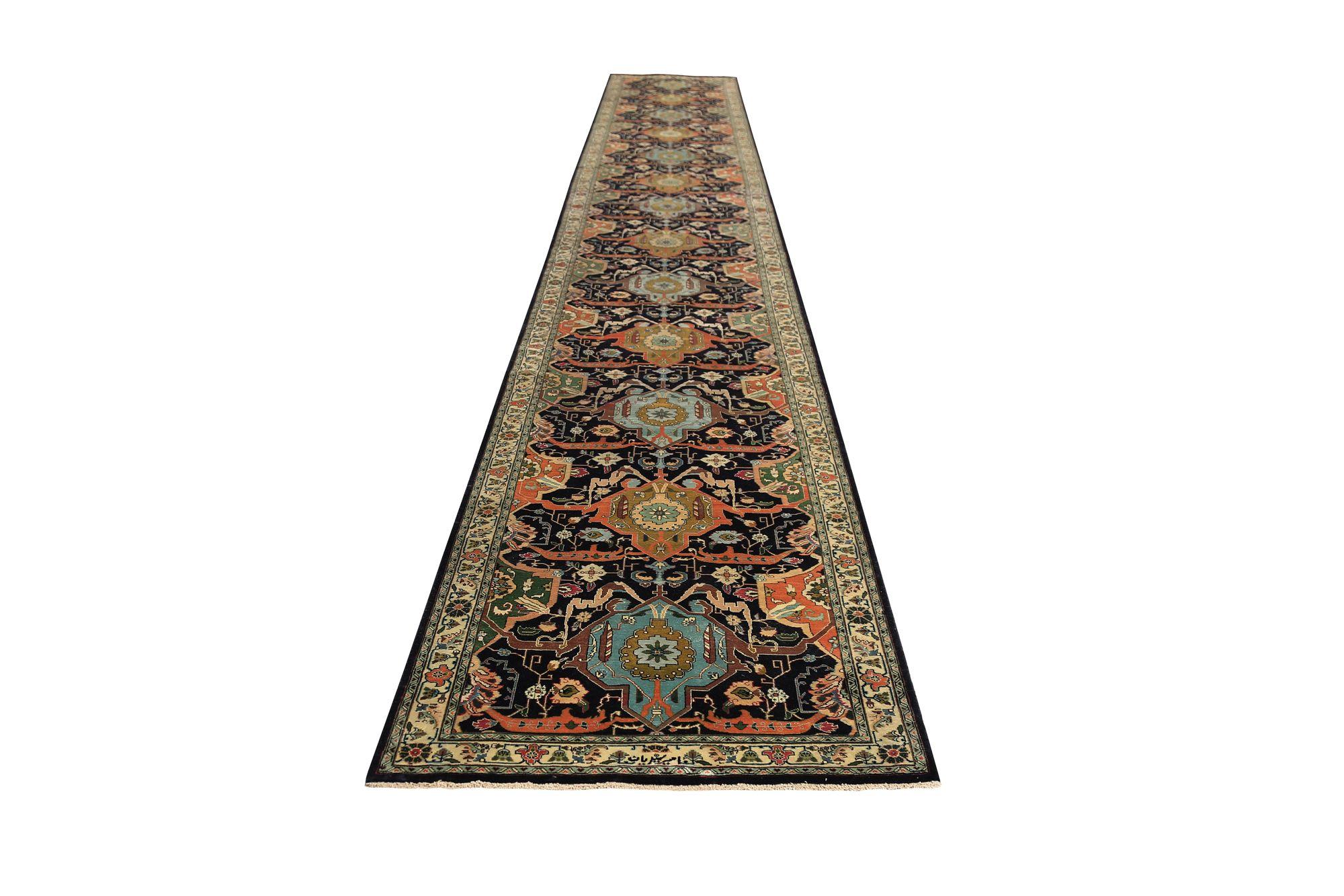 Tappeto Persiano Tabriz Runner - Lana Nero Verde Arancione Rosso - 96881 In condizioni ottime in vendita a Dallas, TX