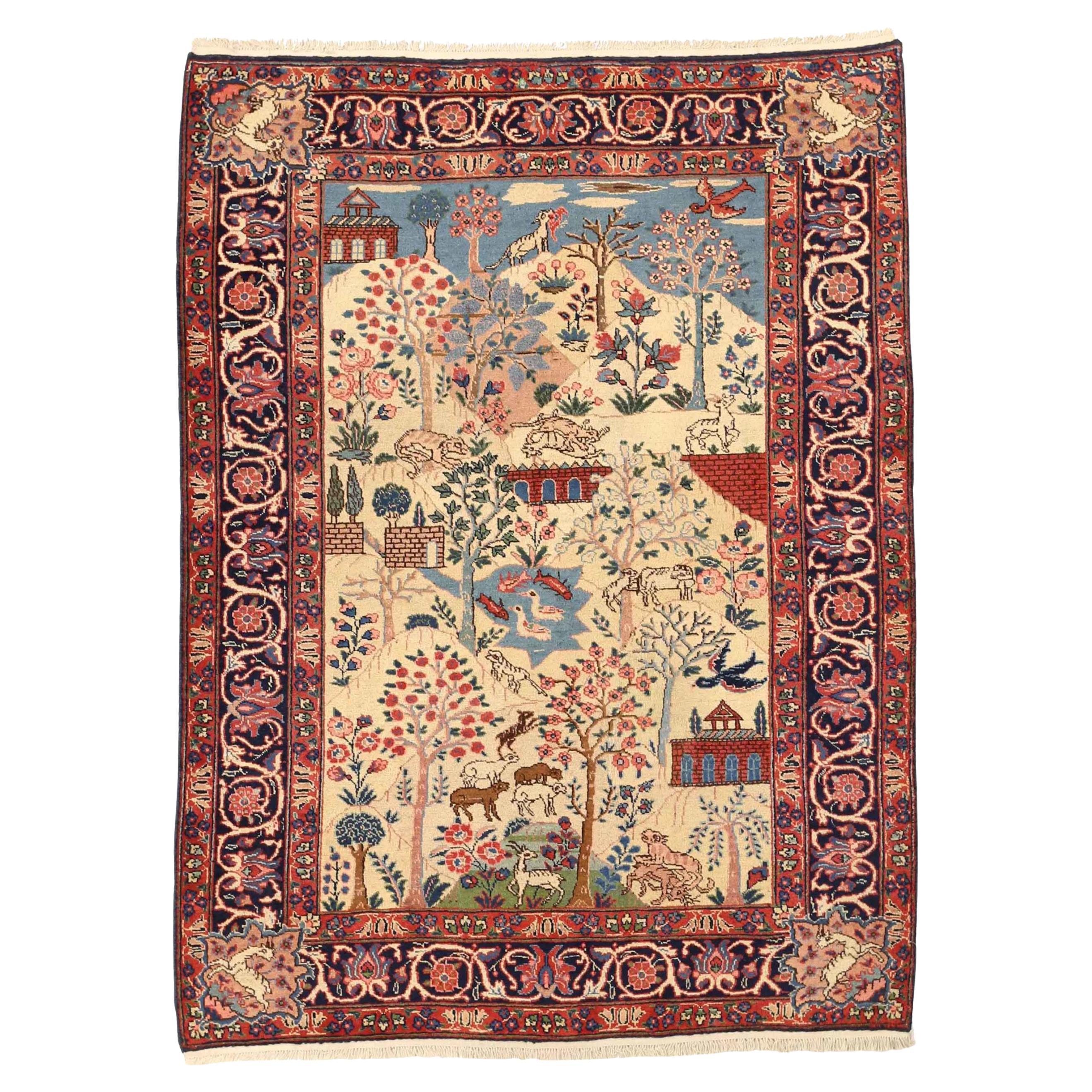 Persian Tabriz Small Rug Circa 1910 - Wool Blue Ivory Navy Blue Red 75011