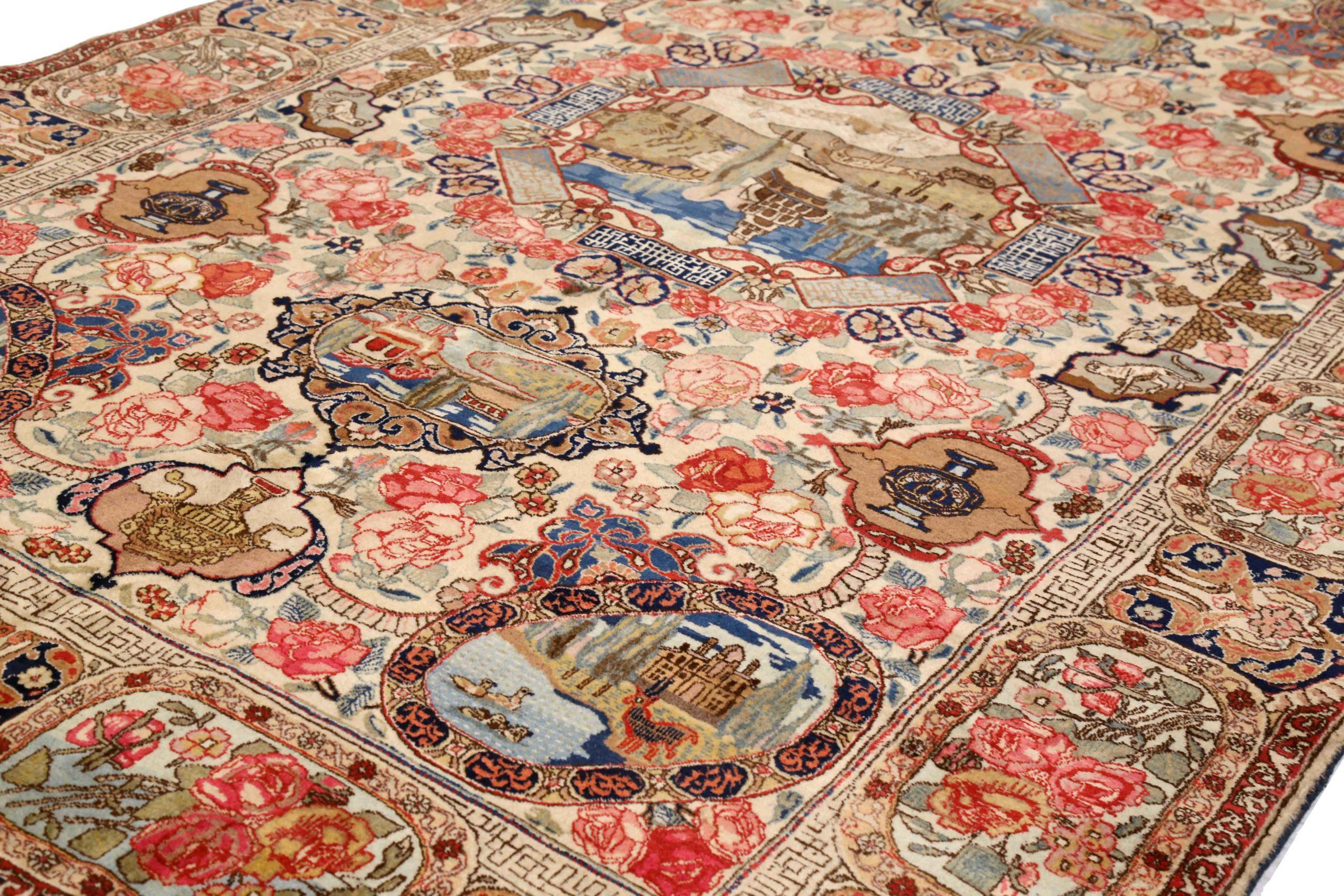 Asiatico Tappeto persiano Tabriz Small Design 1910 circa - Lana blu avorio rosa - 75447 in vendita