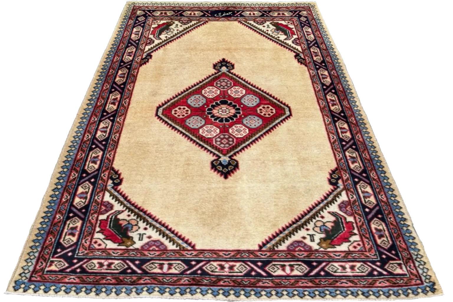 Tissé à la main Petit tapis persan Tabriz - Design en laine ivoire - 96655 en vente