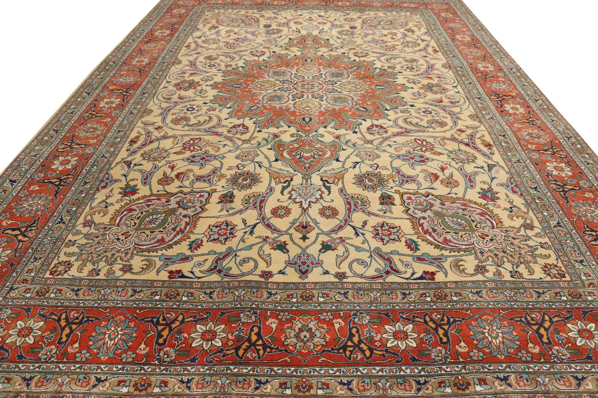 Irakien Petit tapis persan Tabriz - Design en laine rouge jaune - 97196 en vente