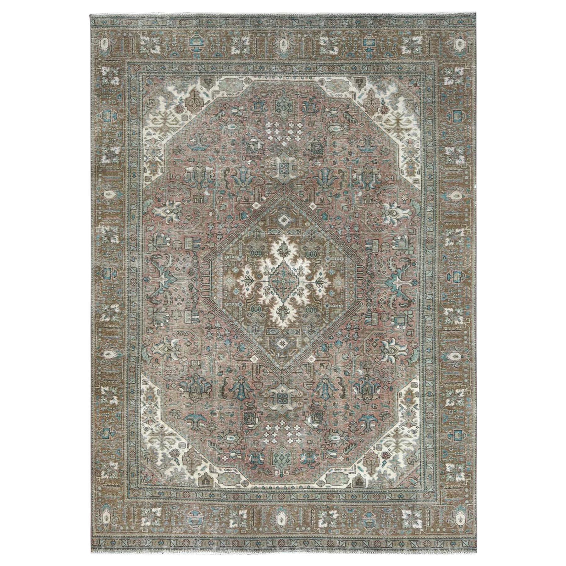 Vintage Red Persian Qashqai Cropped Thin Pile Hand Knotted Natural Wool