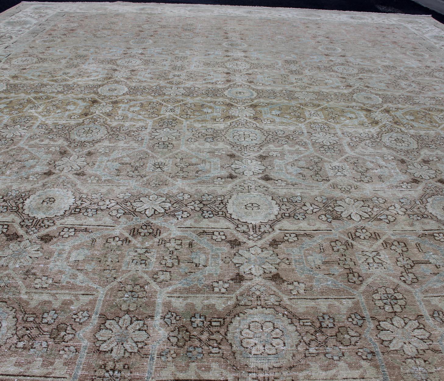 Antique Persian Tabriz with All-Over Floral Design in Ivory, Blue, Blush, Brown For Sale 2
