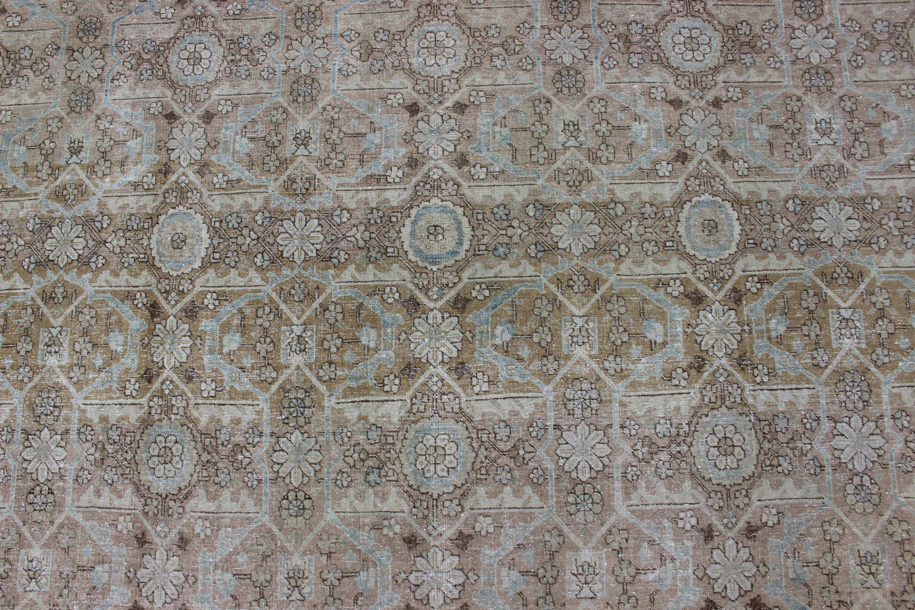 Antique Persian Tabriz with All-Over Floral Design in Ivory, Blue, Blush, Brown For Sale 3