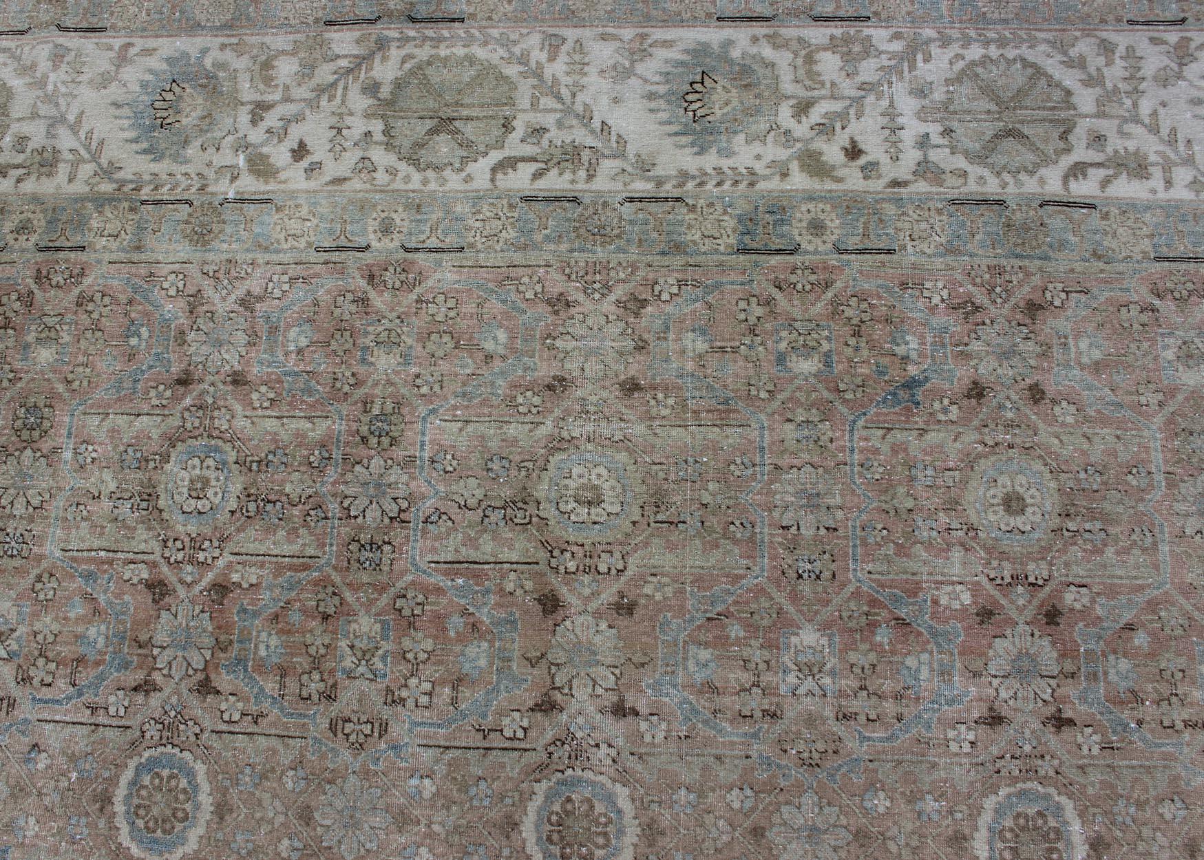 Antique Persian Tabriz with All-Over Floral Design in Ivory, Blue, Blush, Brown For Sale 4