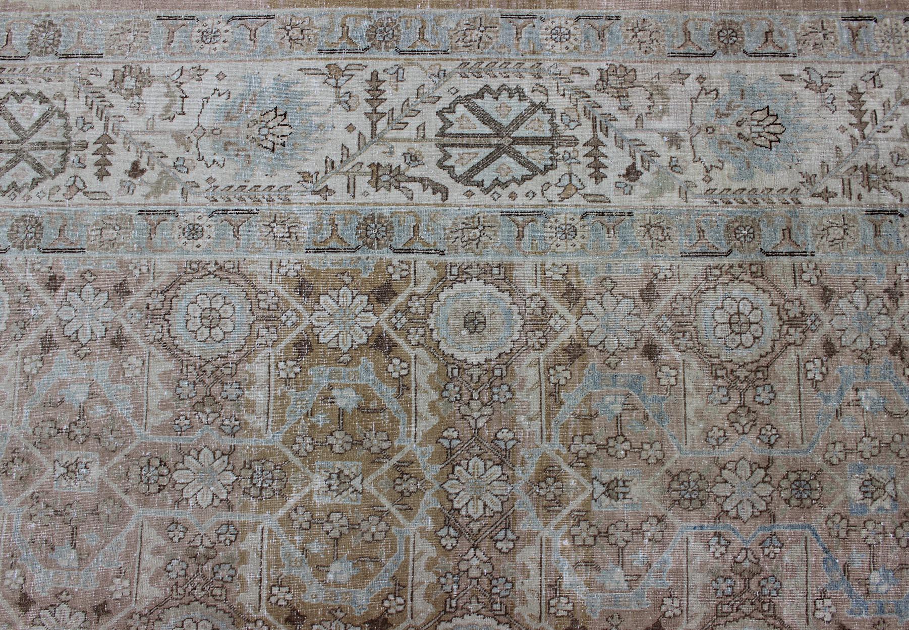 Antique Persian Tabriz with All-Over Floral Design in Ivory, Blue, Blush, Brown For Sale 5