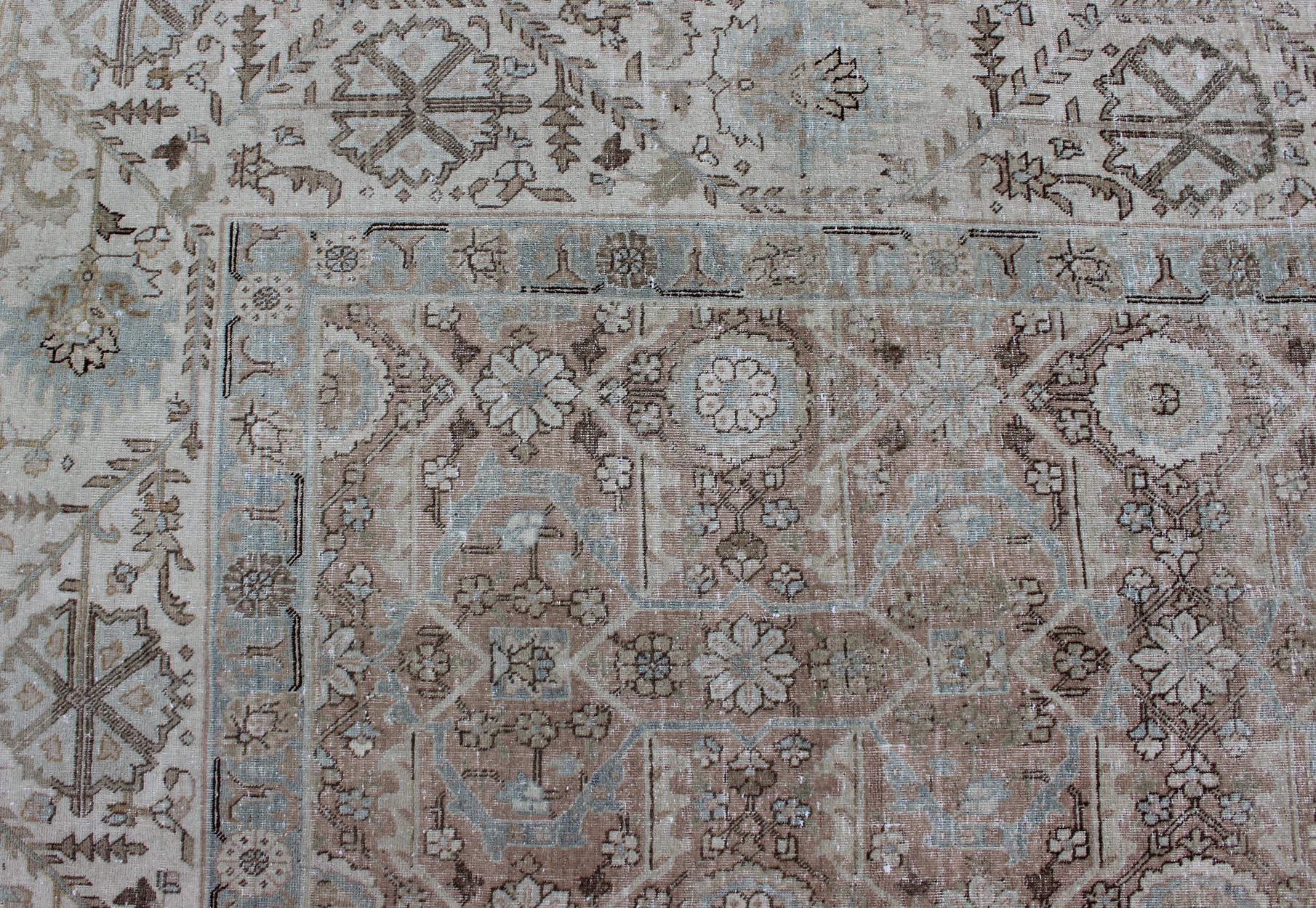 Antique Persian Tabriz with All-Over Floral Design in Ivory, Blue, Blush, Brown For Sale 6
