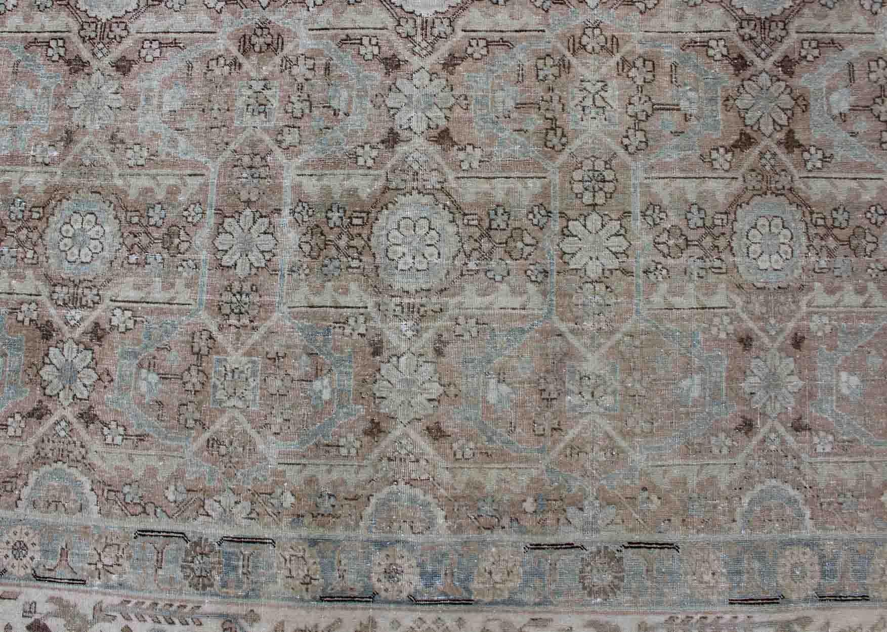 Antique Persian Tabriz with All-Over Floral Design in Ivory, Blue, Blush, Brown For Sale 7