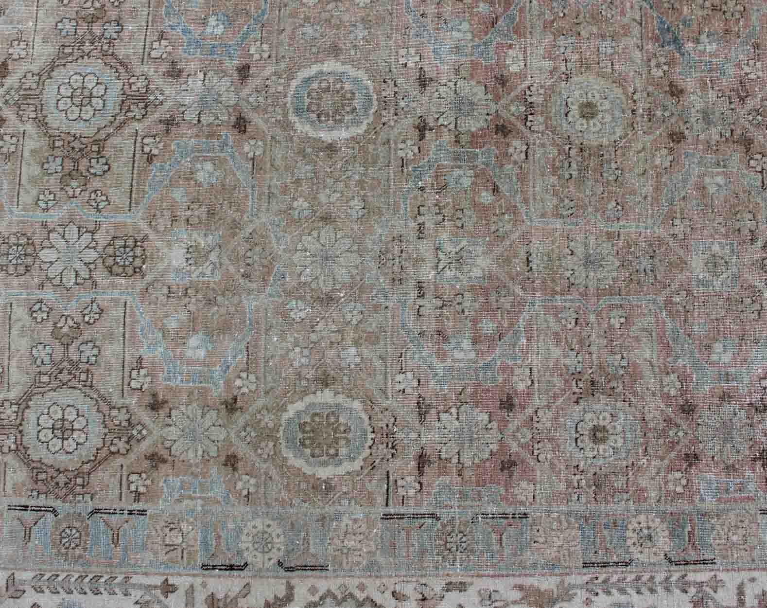 Antique Persian Tabriz with All-Over Floral Design in Ivory, Blue, Blush, Brown For Sale 9