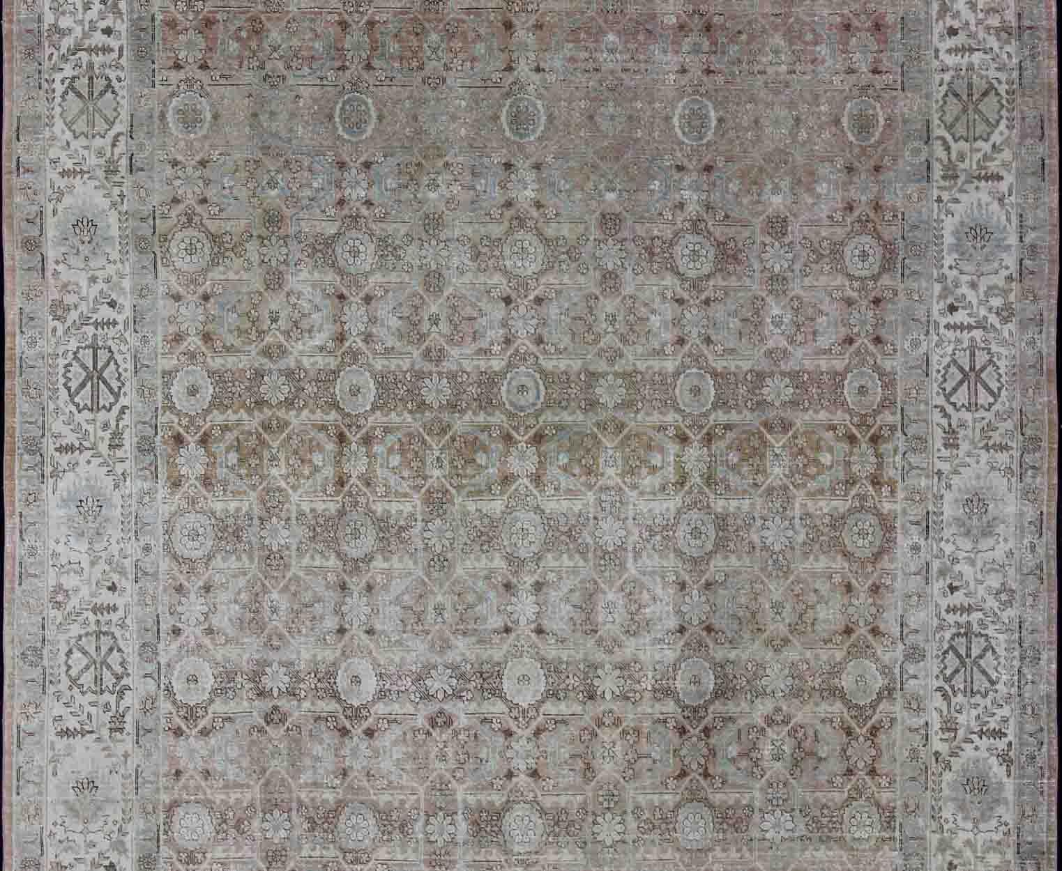 Hand-Knotted Antique Persian Tabriz with All-Over Floral Design in Ivory, Blue, Blush, Brown For Sale