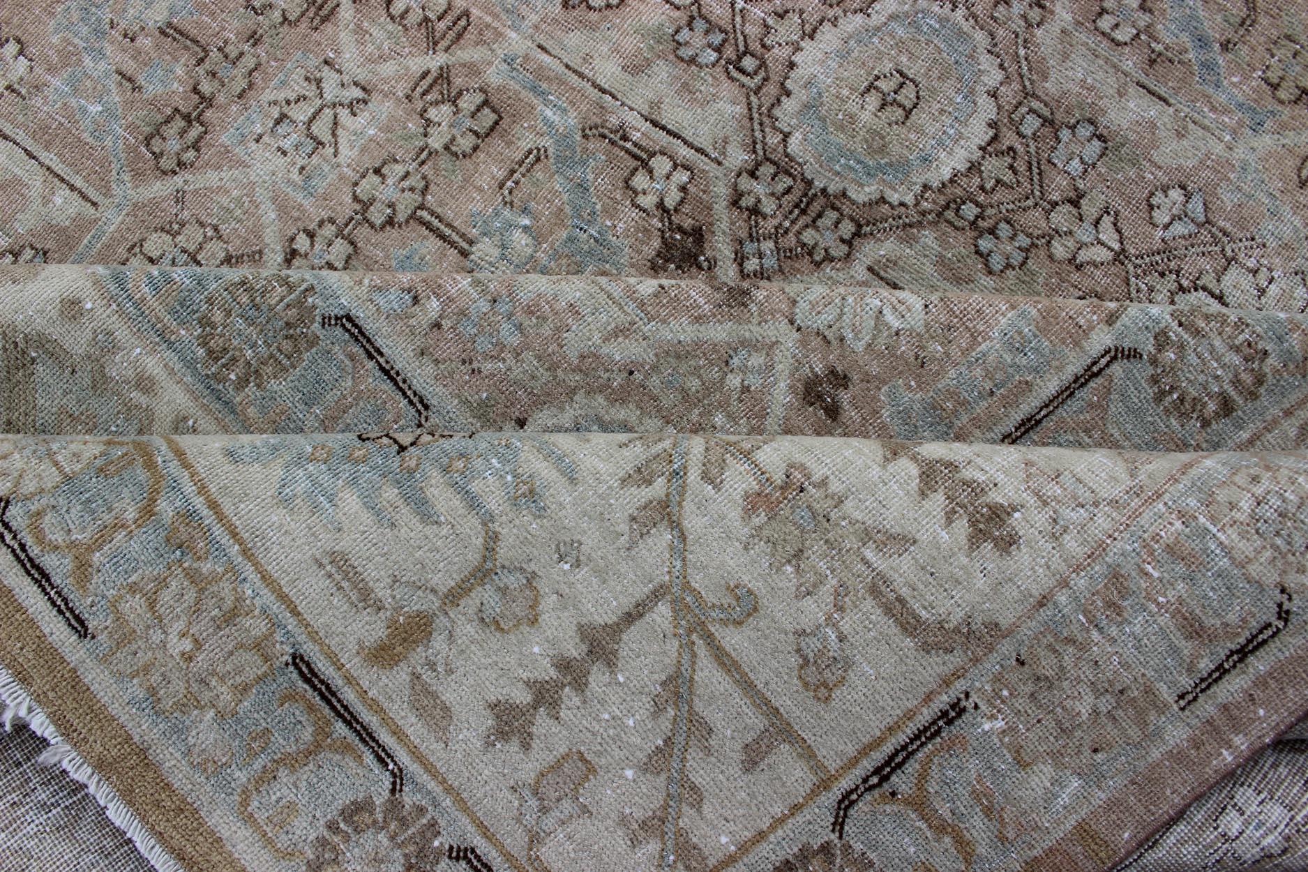 Antique Persian Tabriz with All-Over Floral Design in Ivory, Blue, Blush, Brown For Sale 10