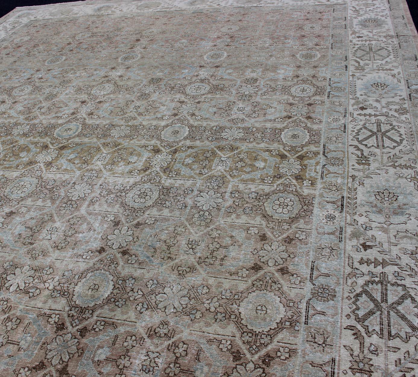 20th Century Antique Persian Tabriz with All-Over Floral Design in Ivory, Blue, Blush, Brown For Sale